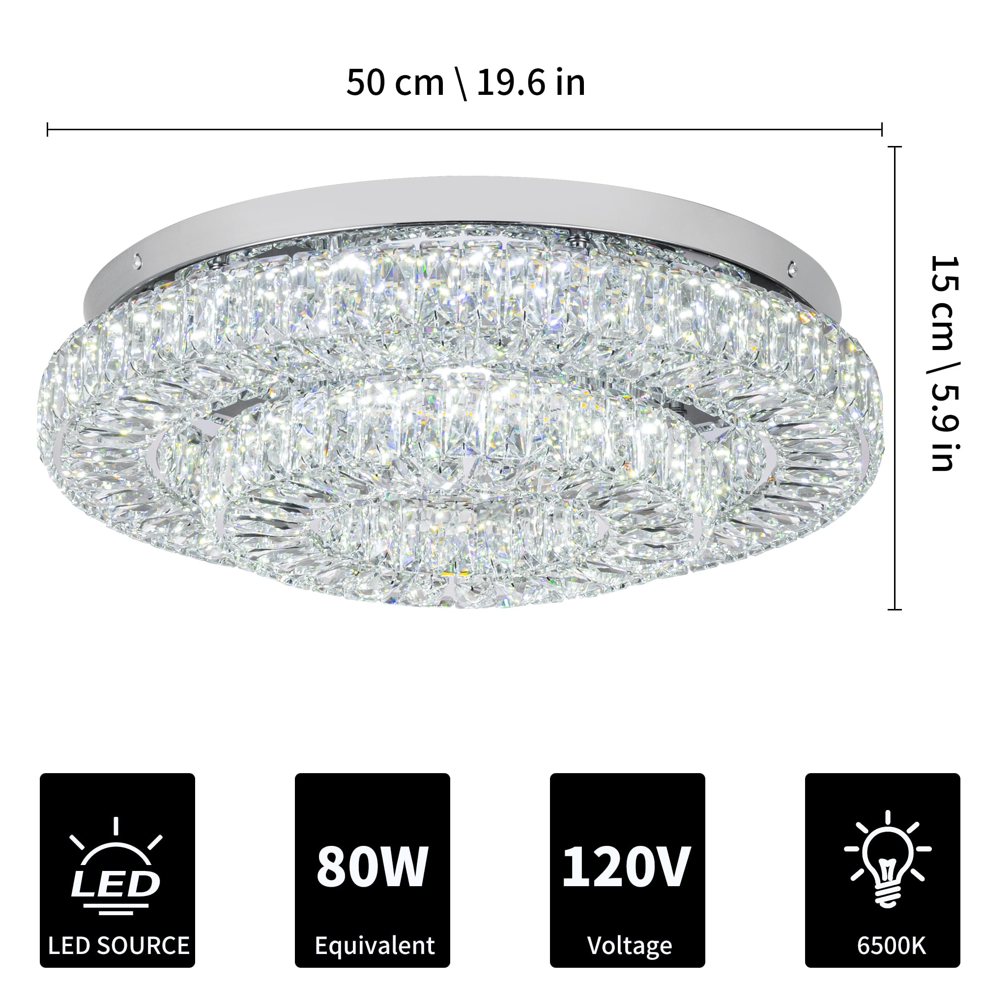 11.8" Crystal Chandelier LED Crystal Flush Mount Ceiling Light Modern Crystal Chandeliers for Bedrooms Dining Room Hallway (6500K Cool White) Without Remote Control