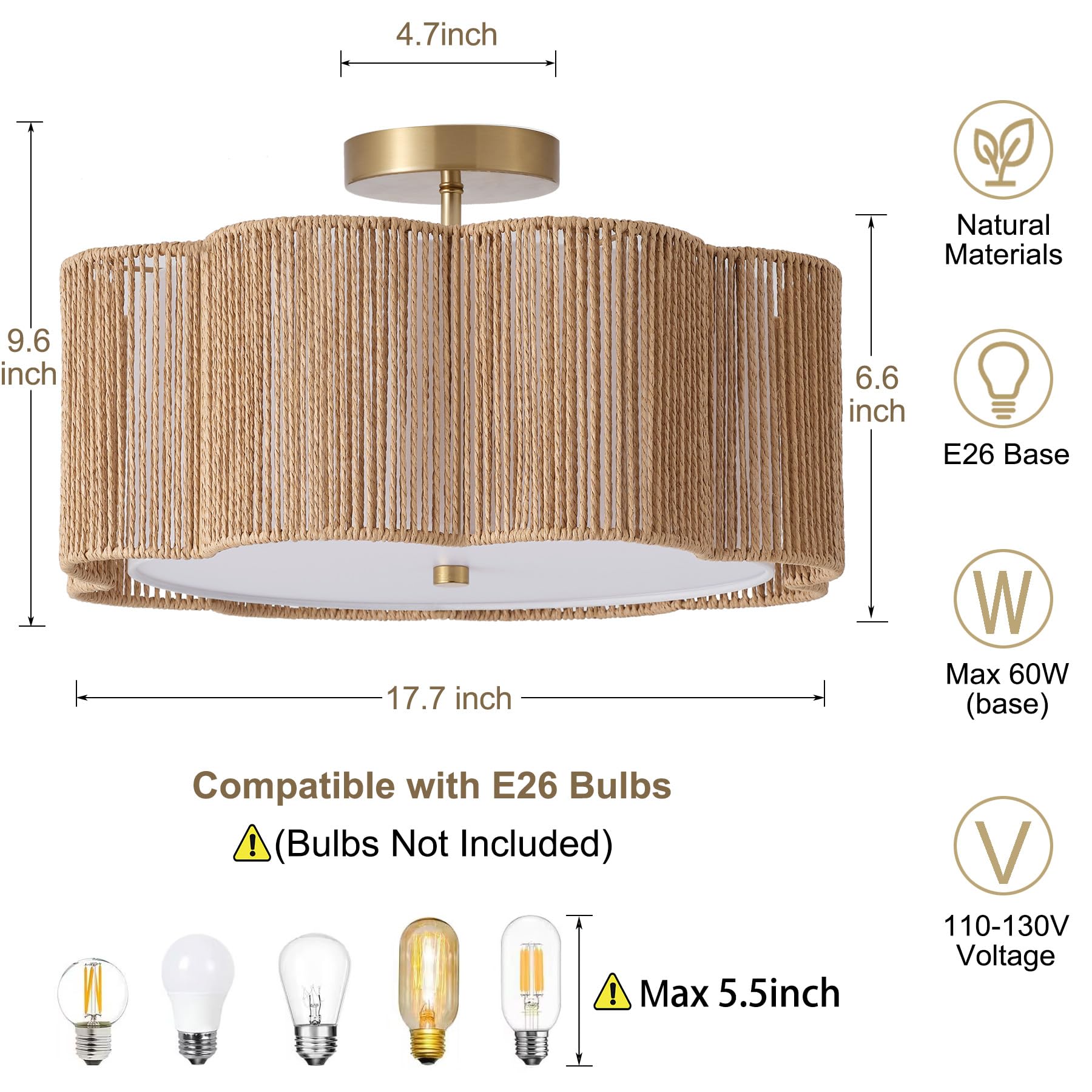 Rattan Ceiling Light Fixtures Flush Mount,3-Light Boho Light Fixtures Ceiling Mount for Bedroom,Close to Ceiling Light Modern Rattan Chandelier Lighting for Hallway Kitchen Dining Room(Yellow)