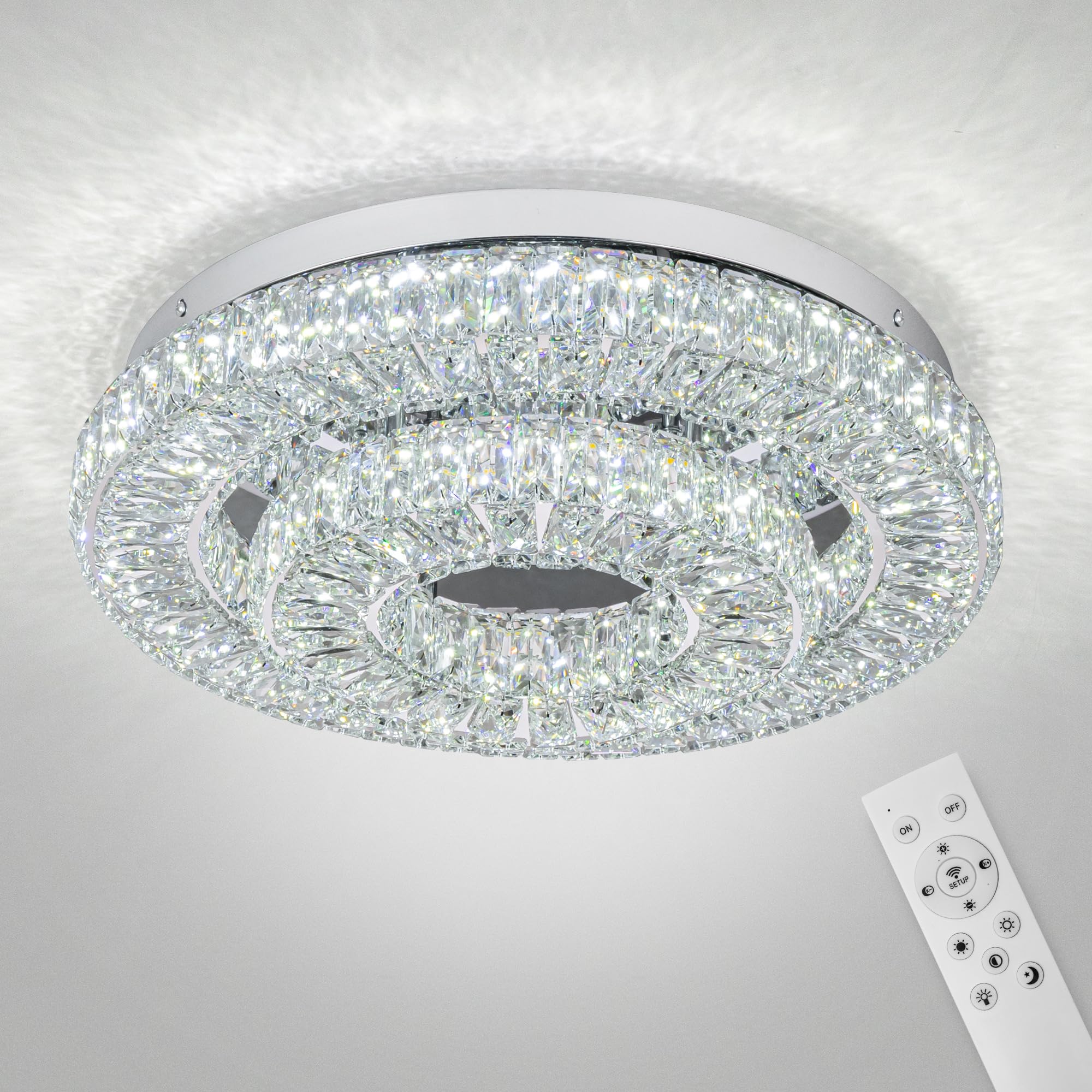 11.8" Crystal Chandelier LED Crystal Flush Mount Ceiling Light Modern Crystal Chandeliers for Bedrooms Dining Room Hallway (6500K Cool White) Without Remote Control