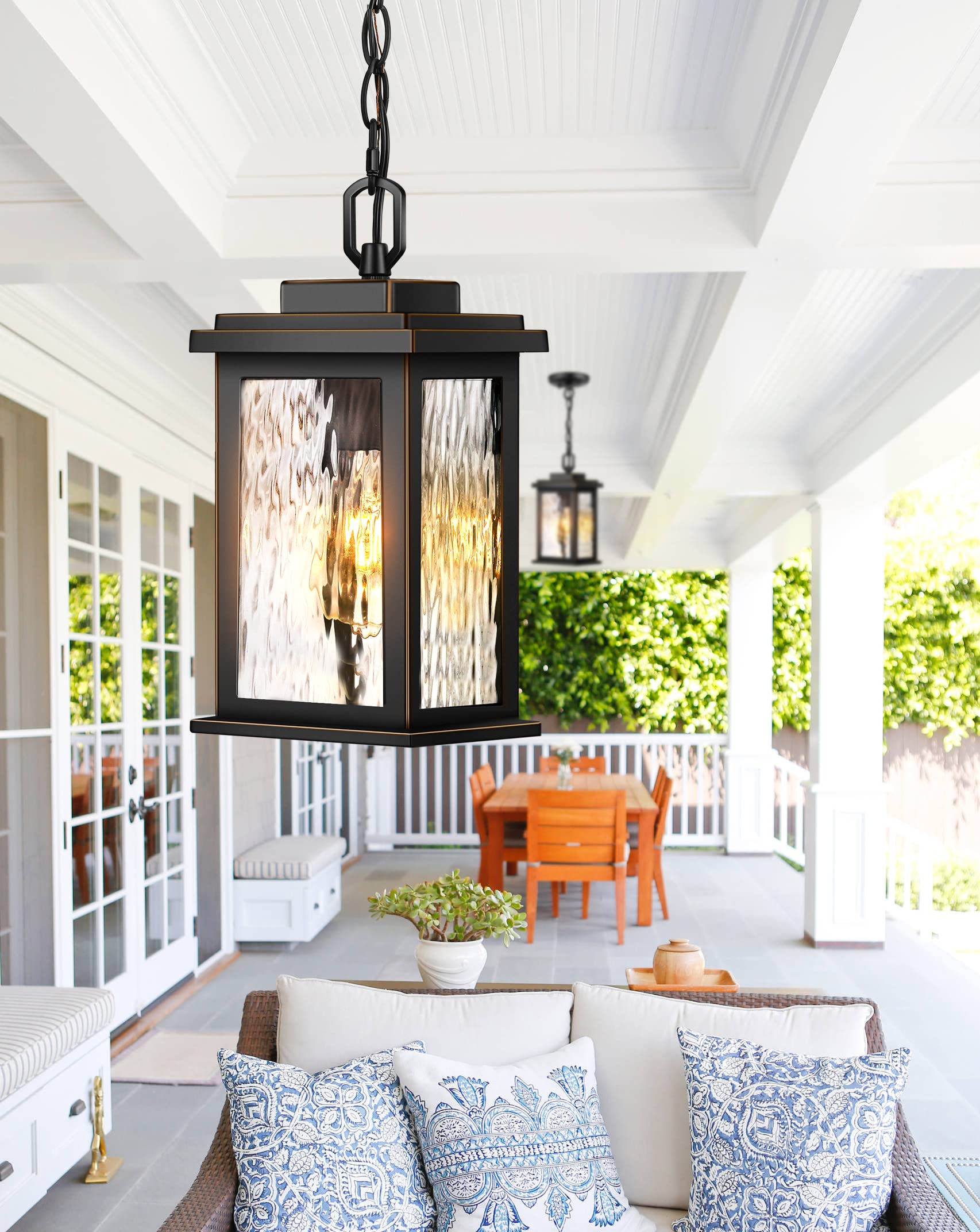 Outdoor Pendant Light Fixture, Farmhouse Exterior Hanging Lights with Adjustable Chain, Anti-Rust Aluminum Frame with Tempered Water Glass, Hanging Lantern for Front Door Ceiling Entry Porch