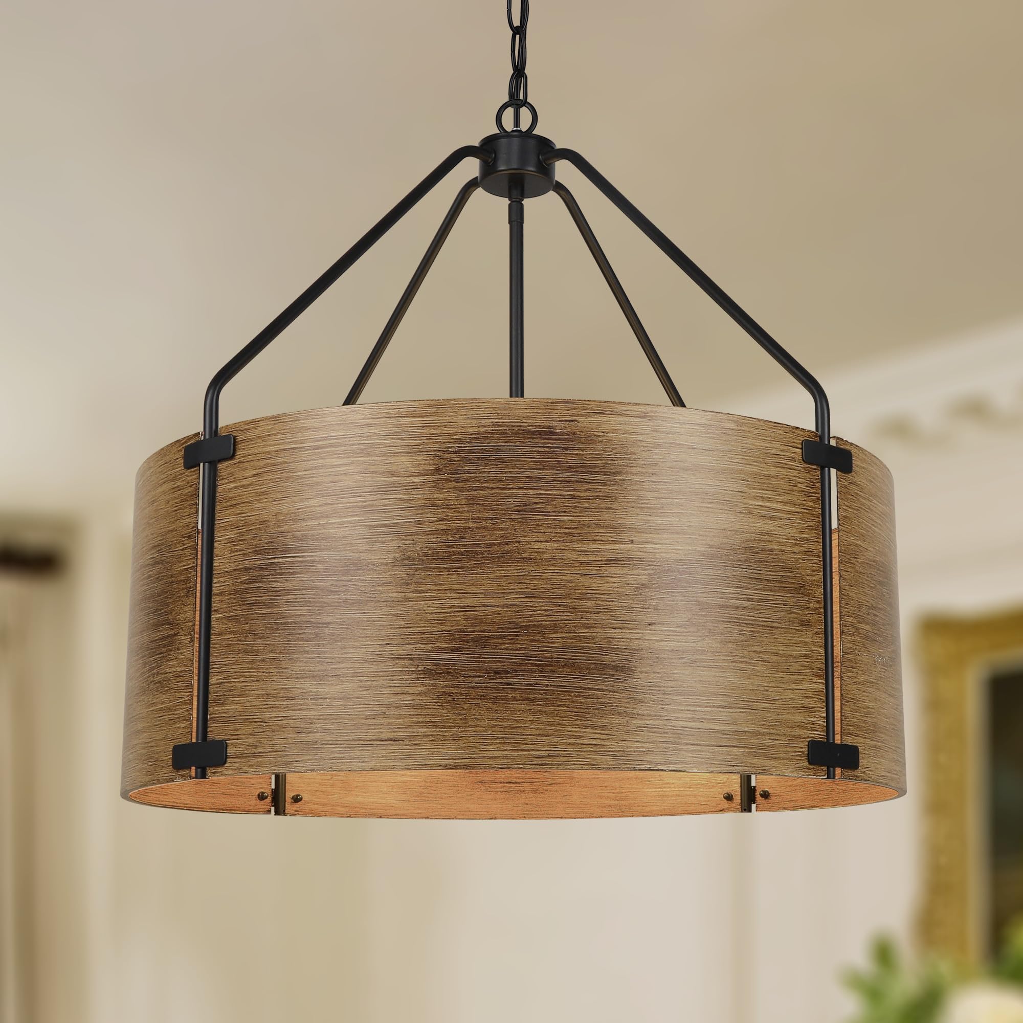 4-Light Farmhouse Drum Chandelier, Rustic Industrial Round Metal Hanging Light Fixture for Dining Room Foyer Entryway Kitchen Bedroom Living Room, Antique Woodgrain Finishe