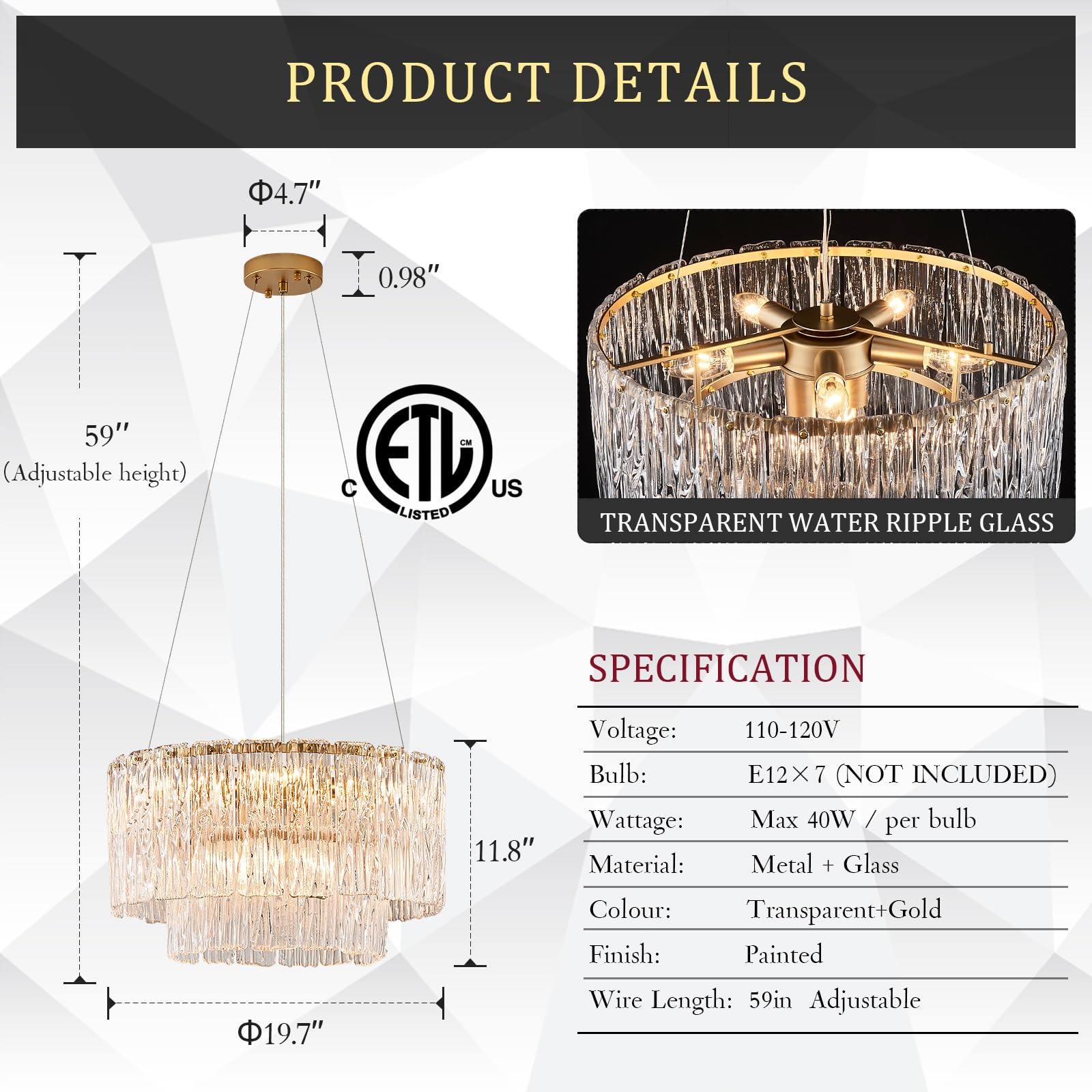 Modern Gold Chandeliers,20” Crystal Glass Pendant Ceiling Light Fixtures 7-Light Round Chandelier Luxury 2 Tiers Hanging Chandelier for Dining Room Foyer Living Room Bedroom