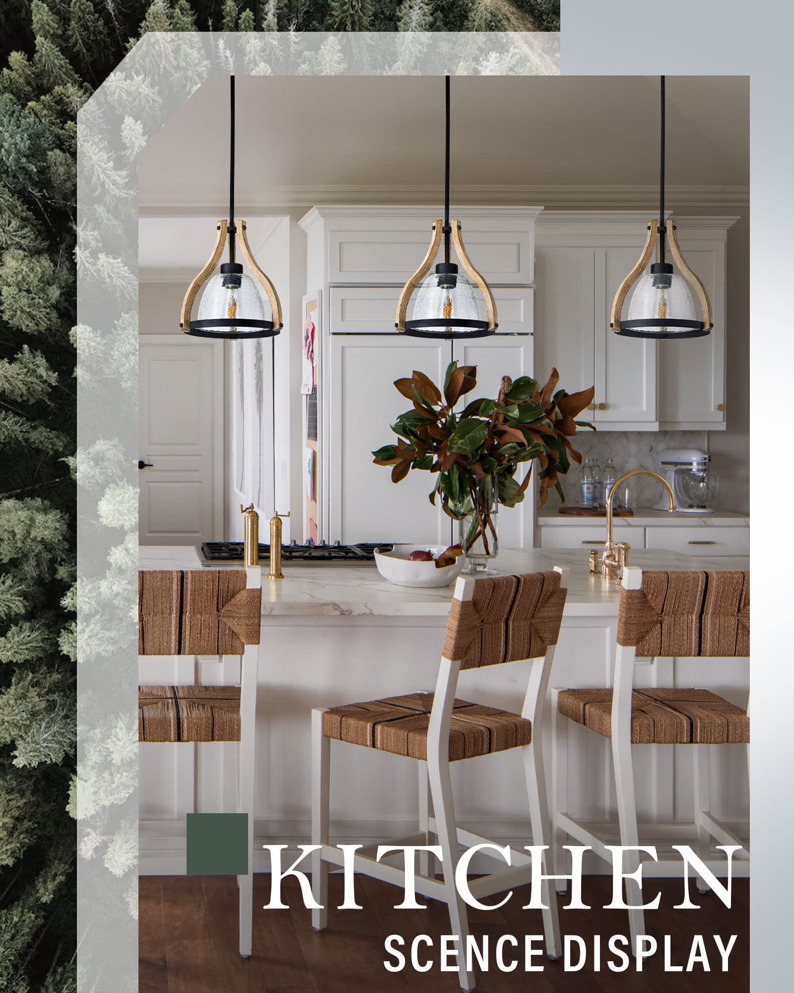 Pendant Light Fixtures, Farmhouse Wood and Glass Pendant Lighting for Kitchen Island, Rustic Length Adjustable MD89437