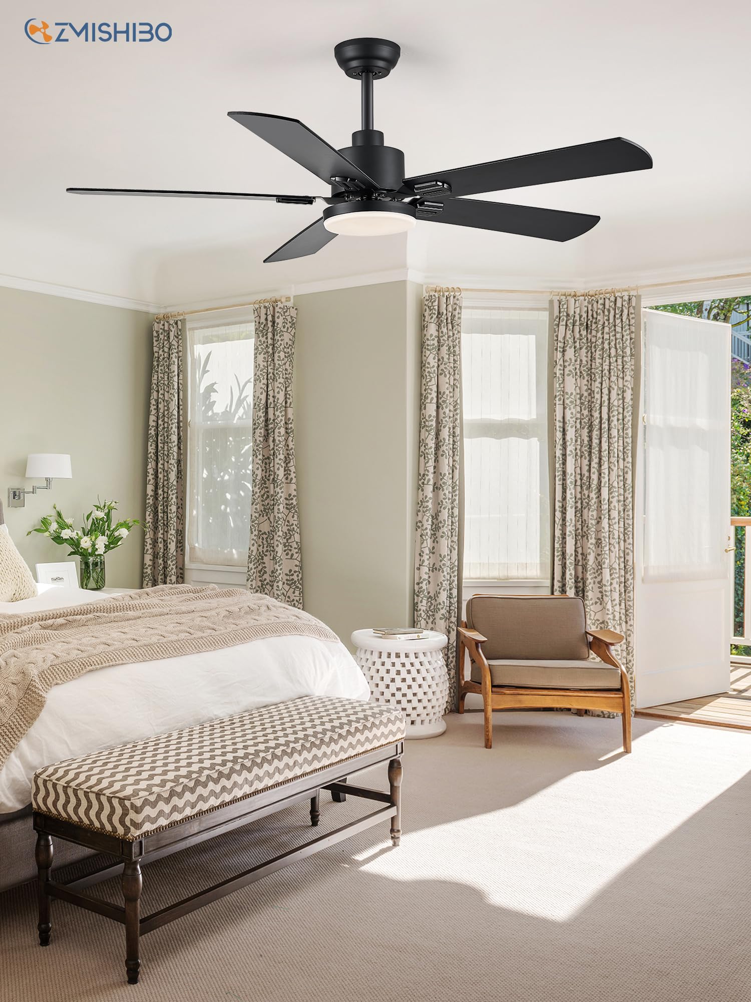 52" Ceiling Fans with Lights, Black Modern Ceiling Fan with Remote, Farmhouse Indoor Ceiling Fan with Dual Finish Blades, Quiet & Strong Motor, Bright LED Light.