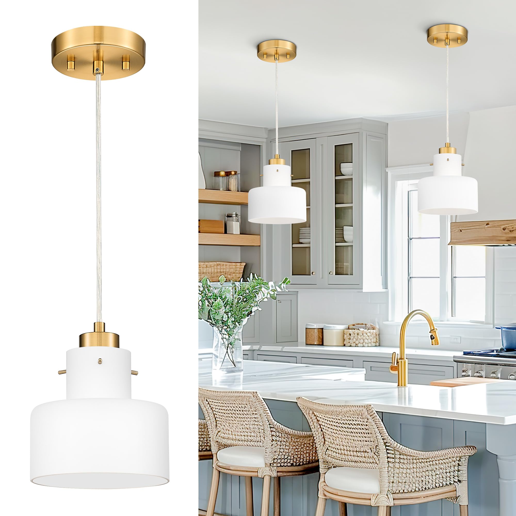 2 Pack Pendant Lights Kitchen Island, 6" Brushed Gold Pendant Light Fixtures Over Island with Clear Glass Shade, Modern Brass Kitchen Island Lighting for Dining Room Entryway, PL124-BG-2PK