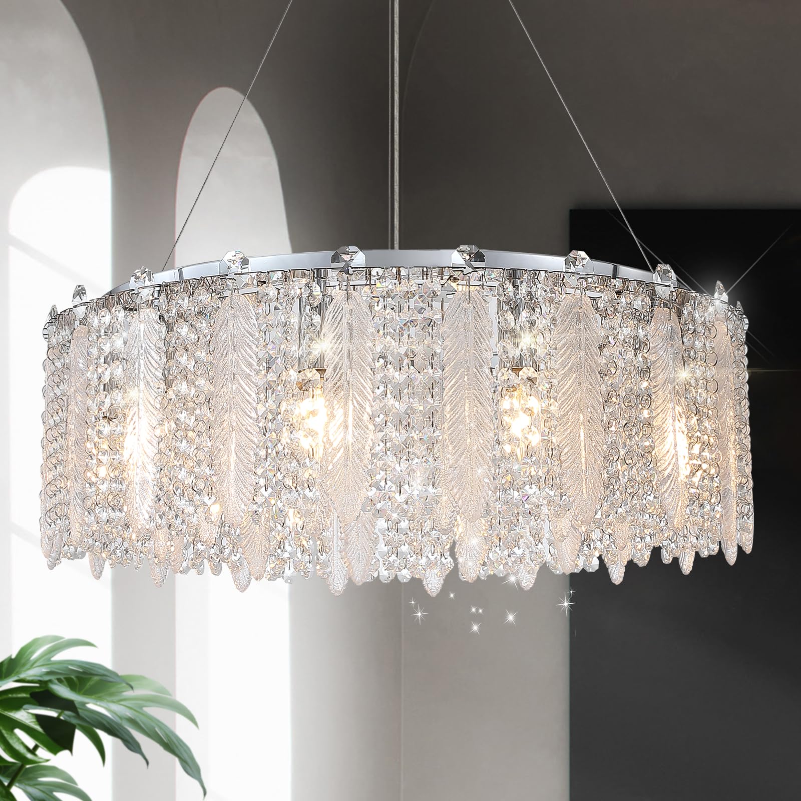 Modern Gold Chandeliers,20” Crystal Glass Pendant Ceiling Light Fixtures 7-Light Round Chandelier Luxury 2 Tiers Hanging Chandelier for Dining Room Foyer Living Room Bedroom