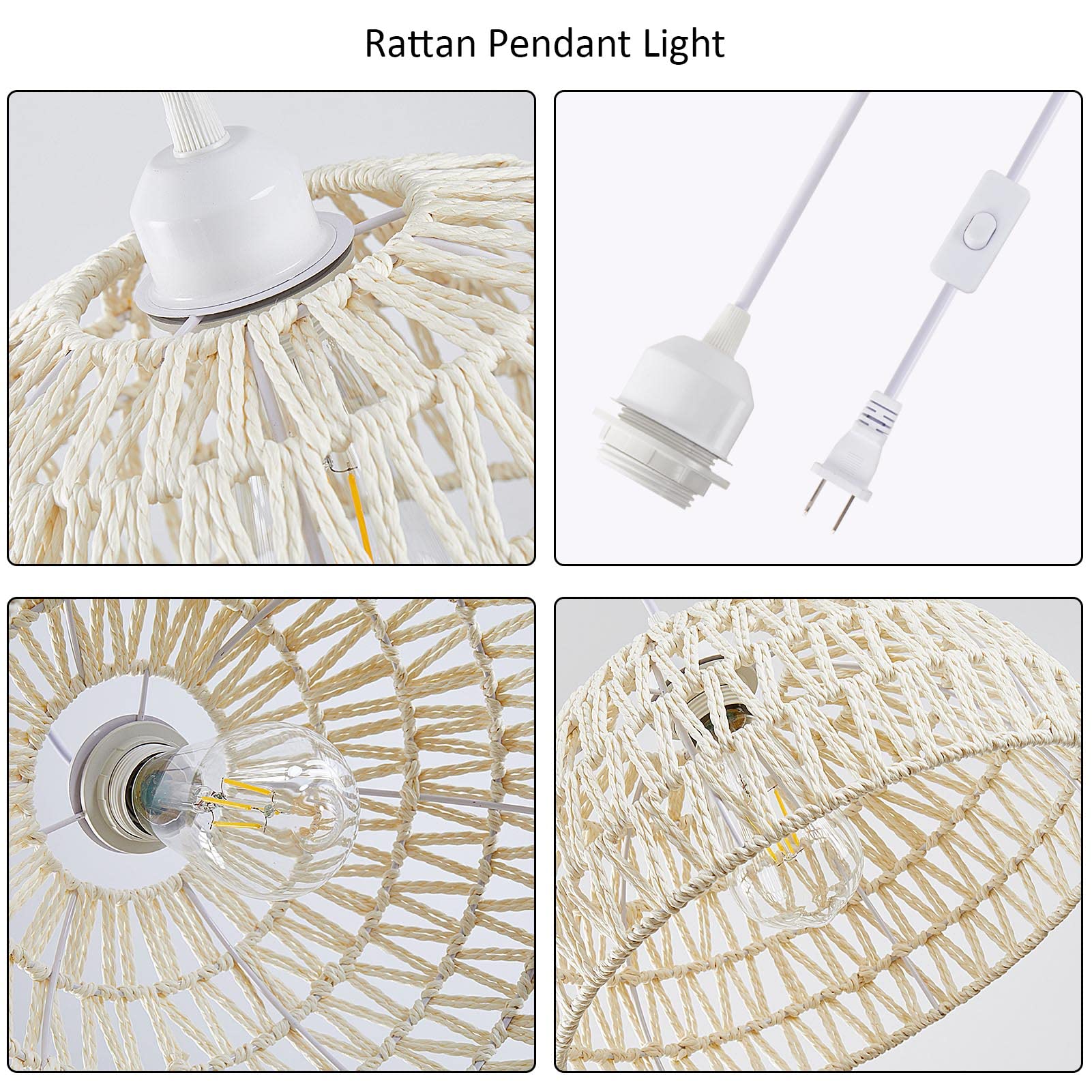 Plug in Pendant Light Rattan Hanging Lamp with 15 Ft Hemp Rope Cord, Hanging Lights with Plug in Cord, Woven Boho Wicker Basket Lamp Shade Plug in Ceiling Light Fixture for Kitchen Island (Cream)