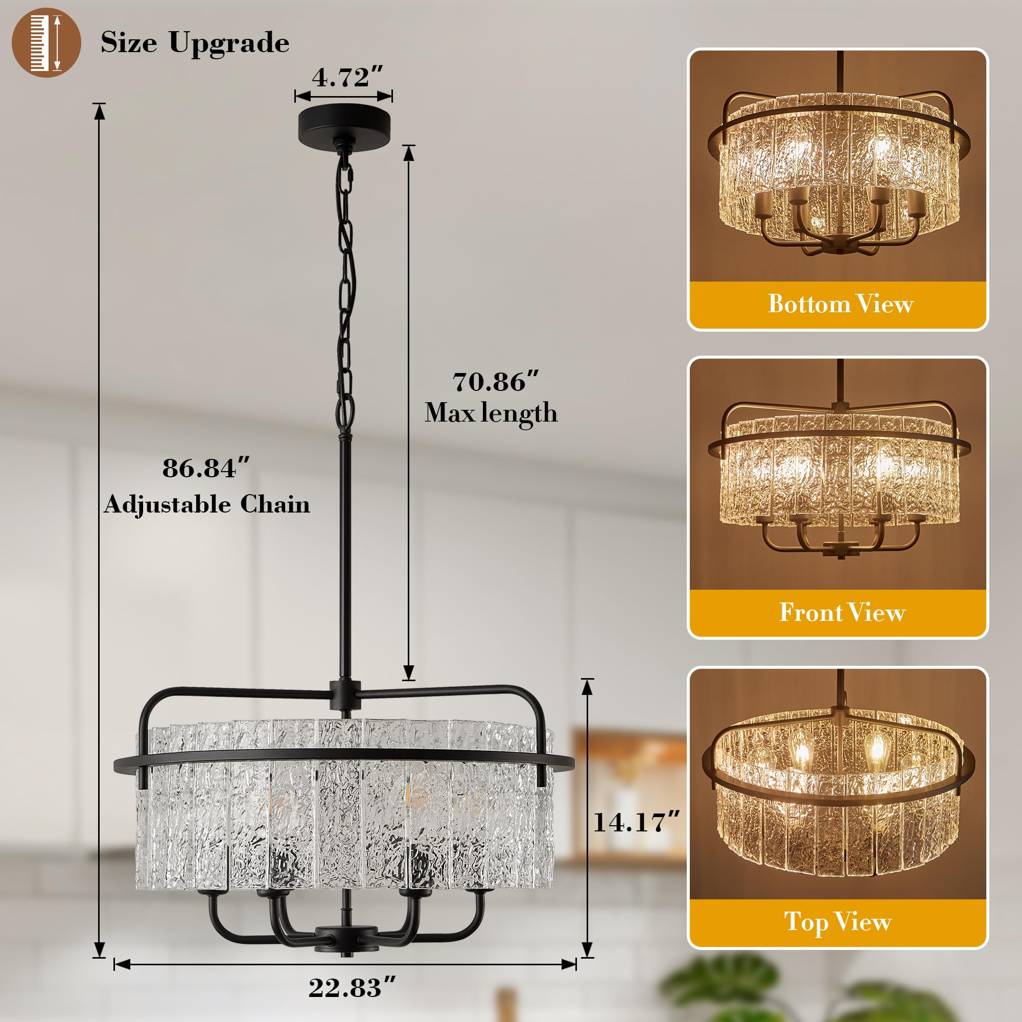 Modern Black Glass Chandeliers for Dining Room Water Ripple Glass Light Fixture 6-Light Crystal Chandeliers for Kitchen Island Living Room Bedroom