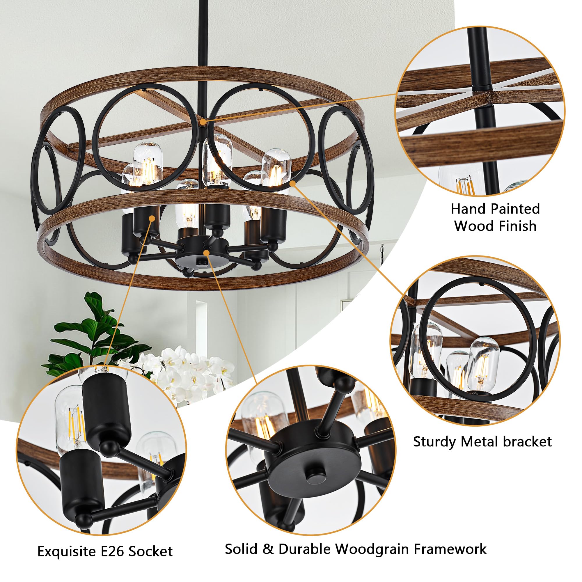 6-Light Farmhouse Wood Pendant Light,22.83'' Vintage Rustic Brown Oak Wood Chandeliers,Retro Industrial Hanging Light Fixtures for Dining Room Entryway, Bedroom