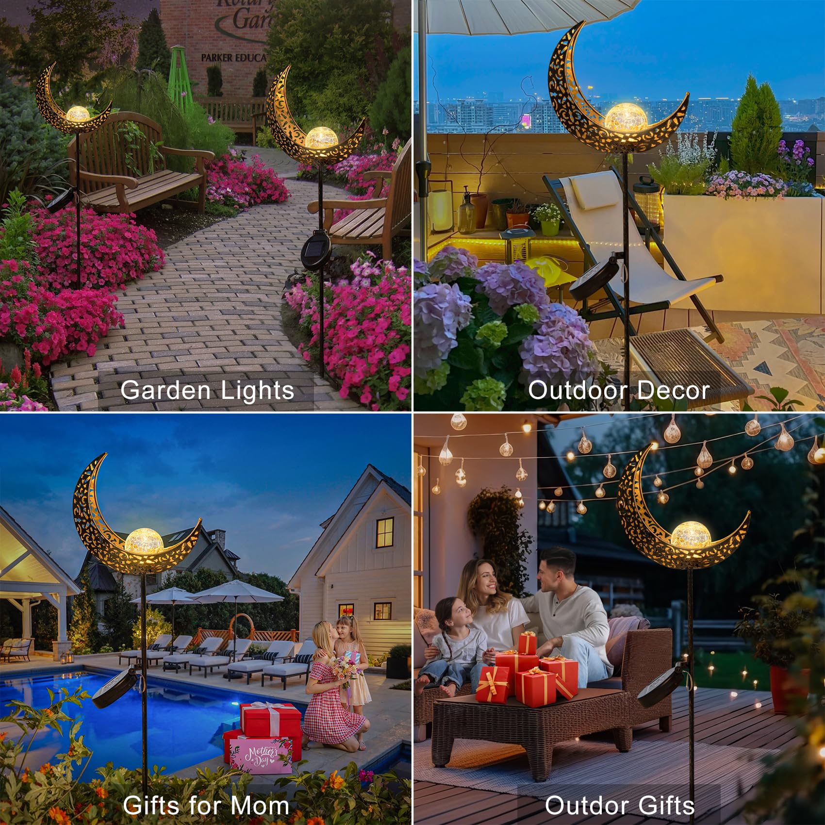 Moon Solar Garden Lights Outdoor Decor Stakes, Waterproof Crackle Glass Metal Lights for Lawn, Patio Accessory, Backyard Decorations Garden Birthday Gifts Mom Grandma (Bronze)