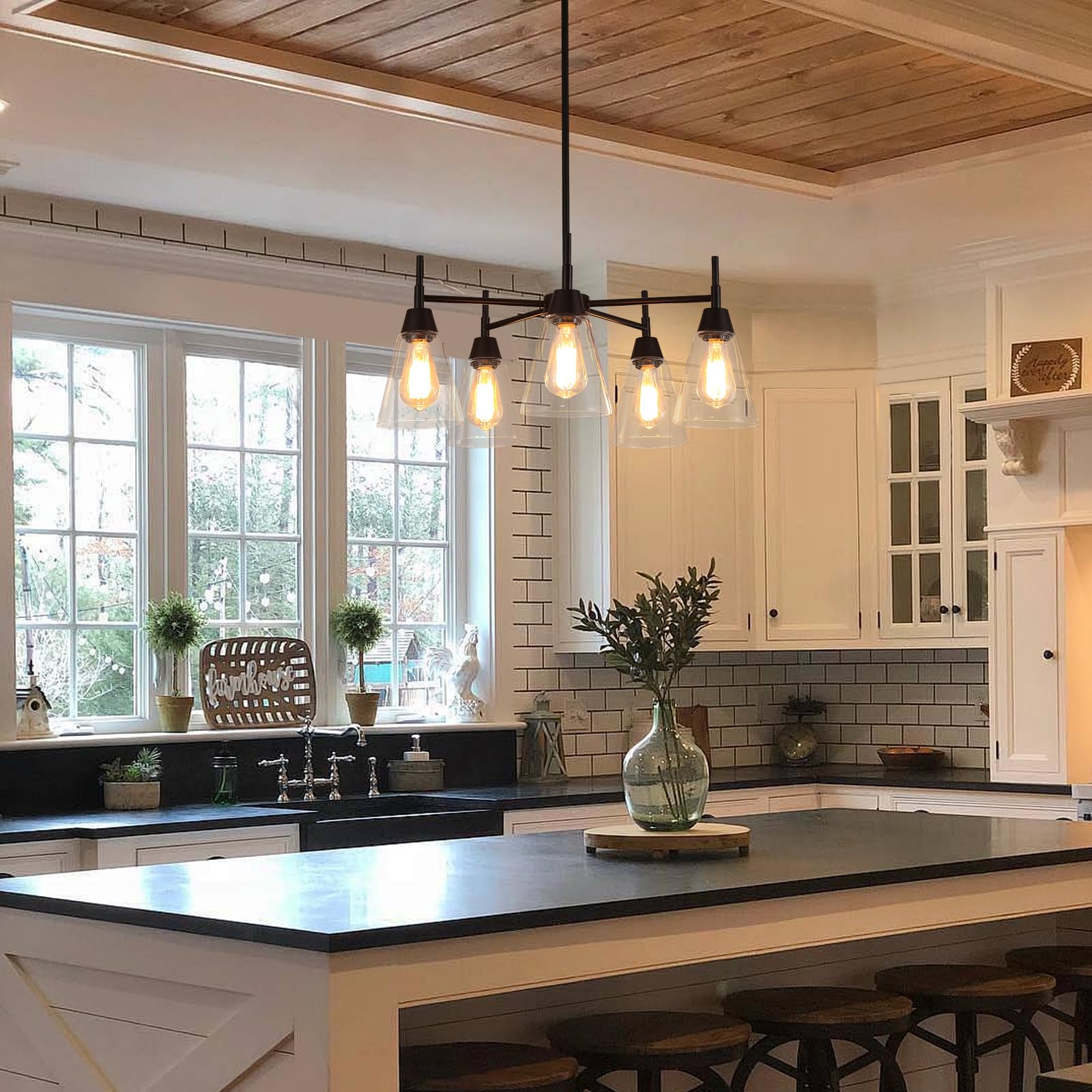 5-Light Gold Chandeliers for Dining Room,Modern Brass Chandelier Kitchen Island Light Fixtures Over Table,Pendant Ceiling Hanging Lighting with Clear Glass Shade for Entryway Foyer Hallway