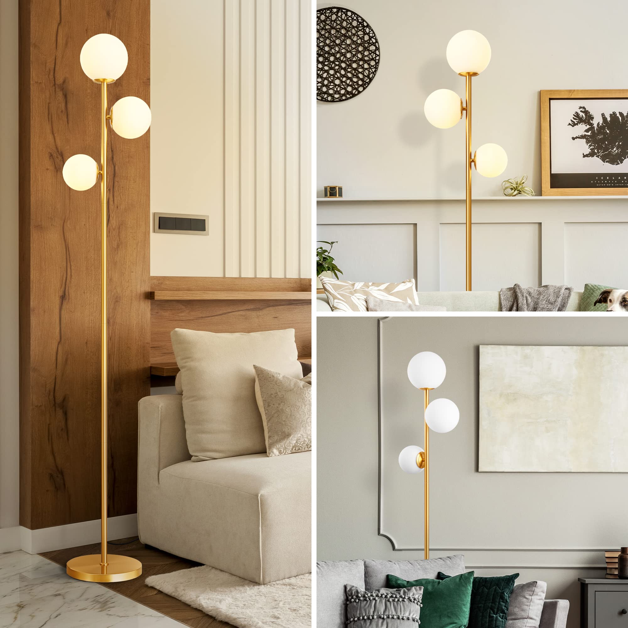 67.5in Mid Century Modern Globe Floor Lamp, Upgraded Dimmable Gold Standing Lamps for Living Room, Frosted Glass Shade, LED Tall Pole Lamp for Bedroom-Brass Plating