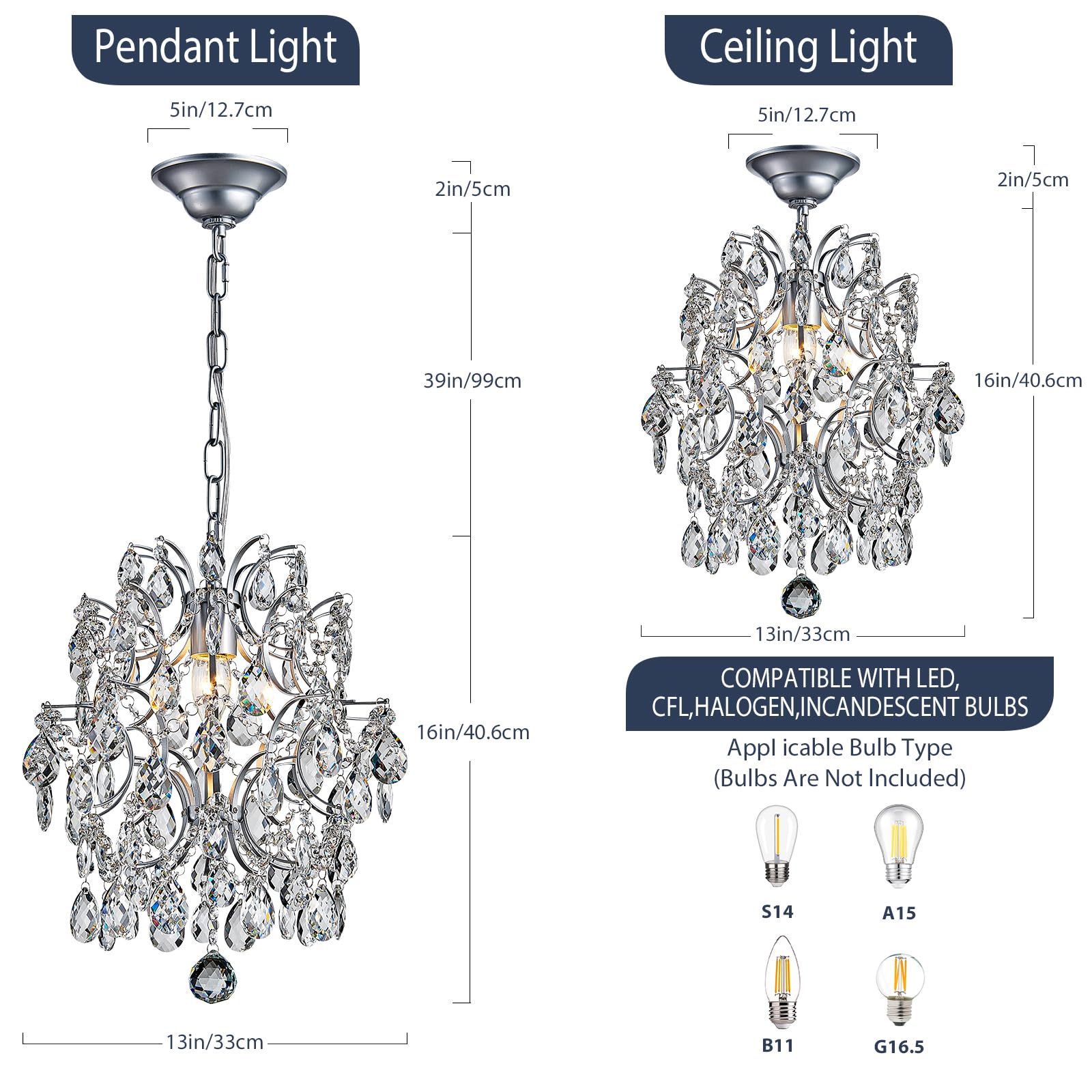 Bestier Modern Pendant Chandelier Crystal Raindrop Lighting Ceiling Light Fixture Lamp for Dining Room Bathroom Bedroom Livingroom entryway 3 E12 Bulbs Required D16 in x H18 in