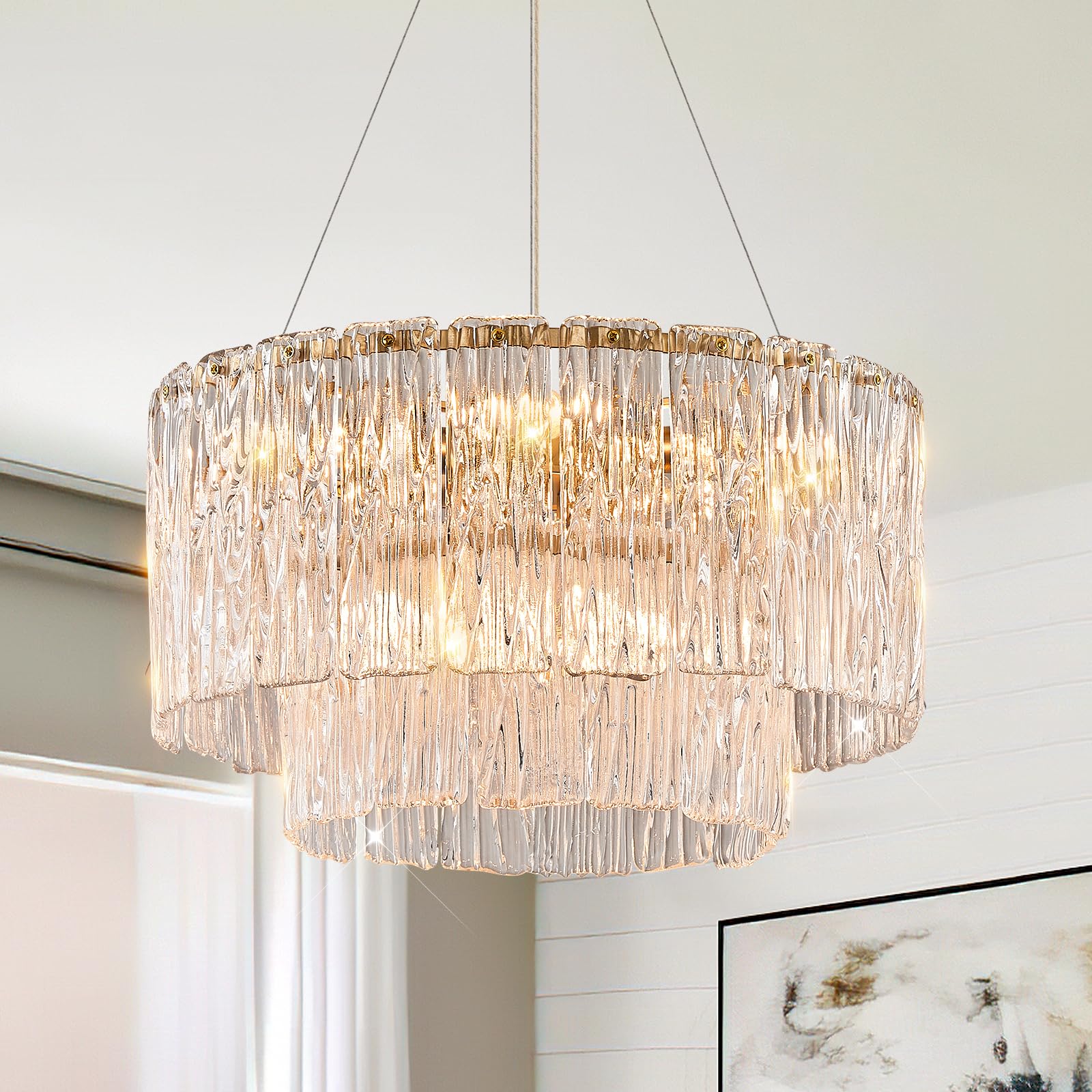 Modern Gold Chandeliers,20” Crystal Glass Pendant Ceiling Light Fixtures 7-Light Round Chandelier Luxury 2 Tiers Hanging Chandelier for Dining Room Foyer Living Room Bedroom