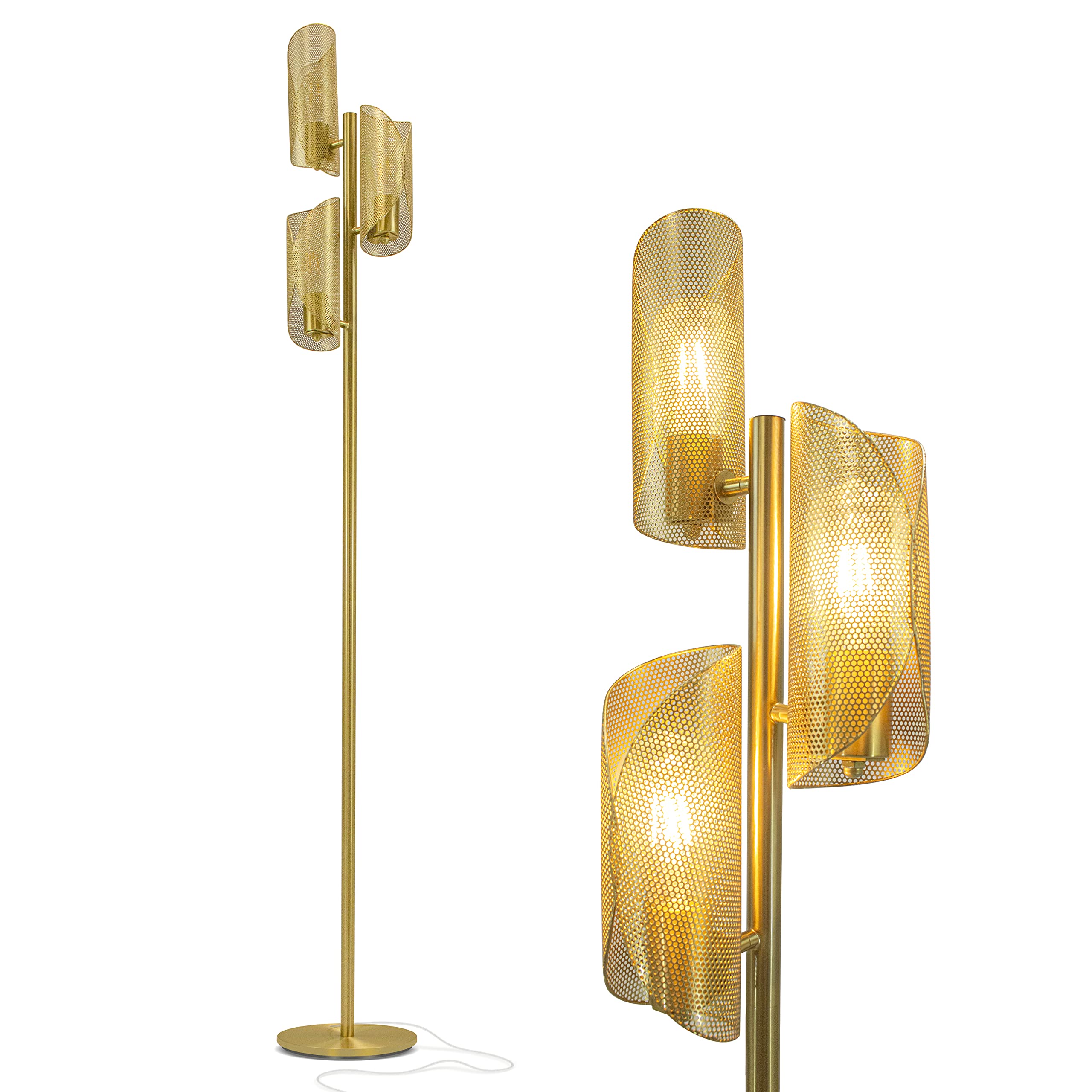 Tree Floor Lamp for Mid-Century Modern, Contemporary, Industrial Décor, 3 Light Head Standing Lamp with Metal Cage Shade, Standing Pole Tall Lamp for Living Room, Bedroom - Brass