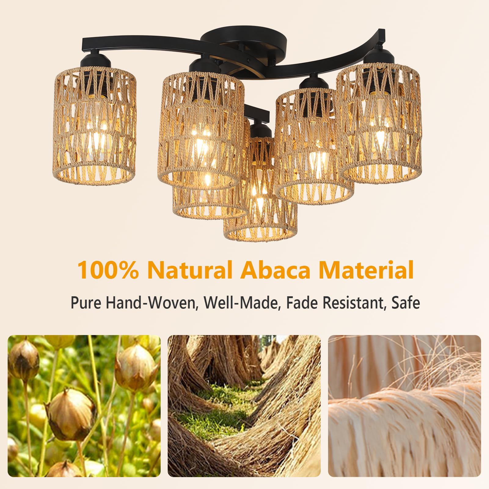 6 Light Semi Flush Mount Ceiling Light, Handmade Rattan Ceiling Light for Living Room, Rustic Farmhouse Dining Room Light Fixture, Boho Kitchen Light Fixtures Ceiling Mount for Hallway Bedroom Entry