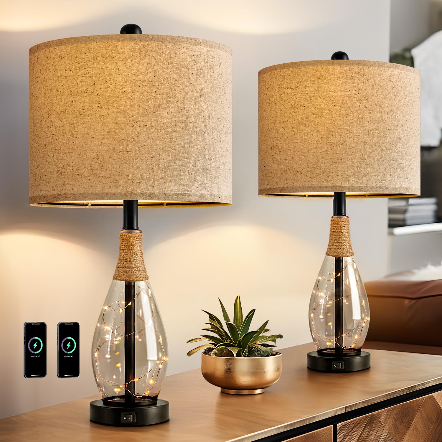 23" Table Lamps for Living Room Set of 2 Bedside Lamps for Night Stands Bedroom Lamps Farmhouse Rattan Boho Lamp Glass Nightlight End Table Lamp with USB C+A (White)