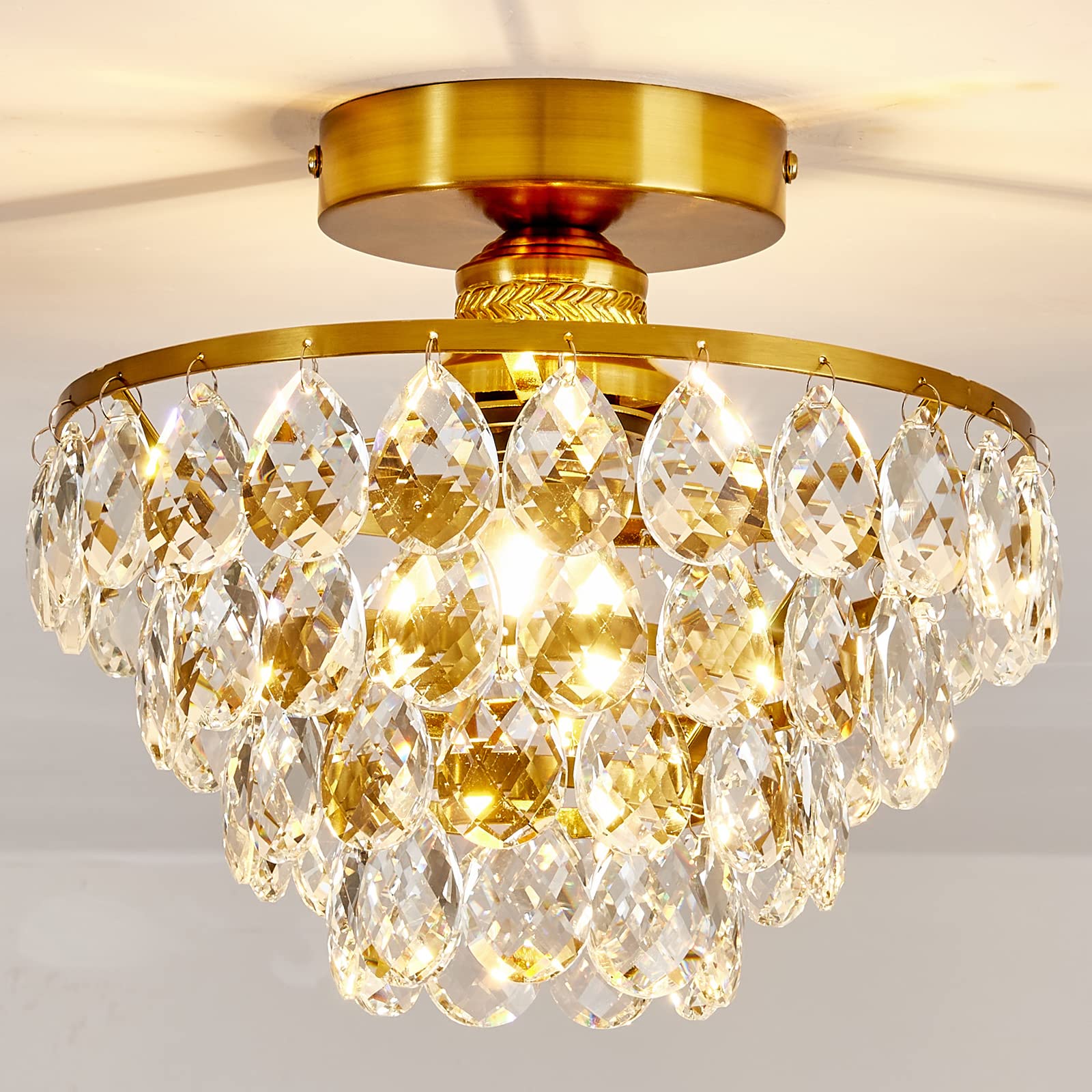 Modern Small Crystal Ceiling Light Fixture Mini Black Semi Flush Mount Chandelier Light Fixture for Hallway Bedroom Bathroom Closet e26