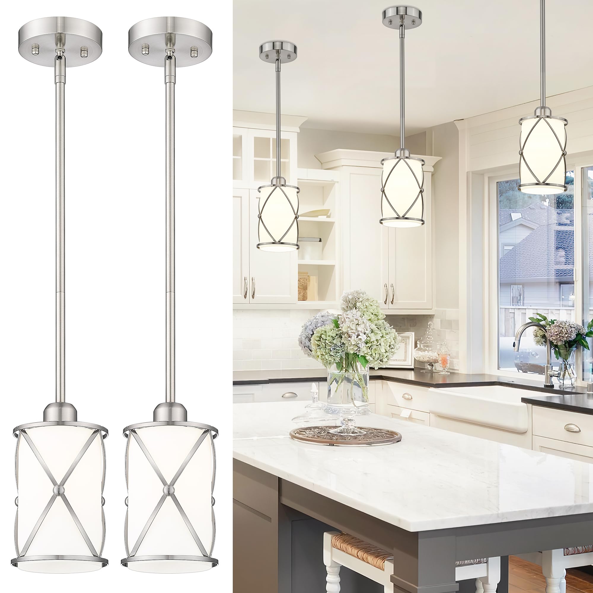 Brushed Gold Pendant Light Fixtures, 3-Light Modern Dining Room Cluster Pendant Light with Milky Glass, Mid Century Cage Hanging Pendant Lighting for Kitchen, Adjustable, CH9176BGW3