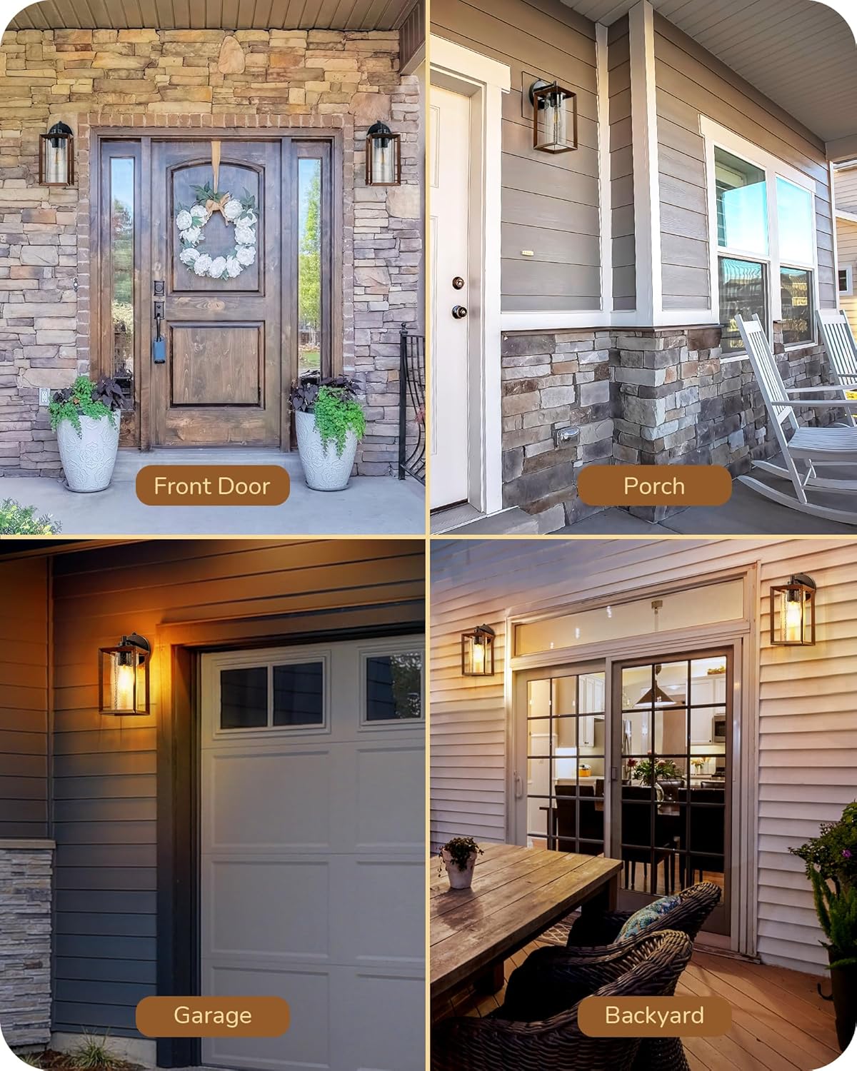 Outdoor Wall Lights, Farmhouse Exterior Lighting Fixtures with Seeded Glass, Wood Grain Finish Porch Light Wall Mount Lantern Waterproof Outside Wall Sconce Lamp, E26 Base