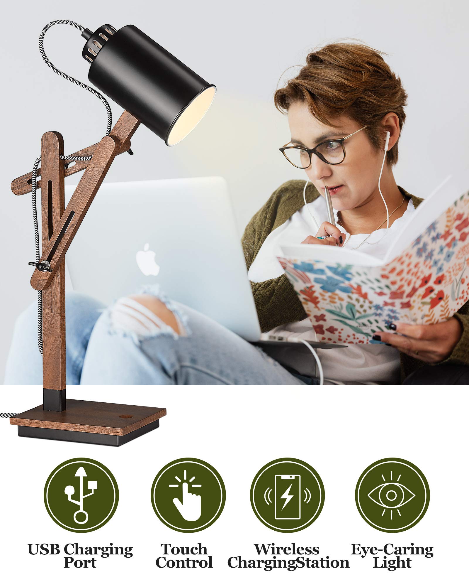 Industrial Table Lamp, Sapele Wood Desk Lamp with Upgraded Wireless Charger & USB C Port, Swing Arm Reading Task Light for Farmhouse, Dorm Office, Bedroom Livingroom, LED Bulb Included, Grey