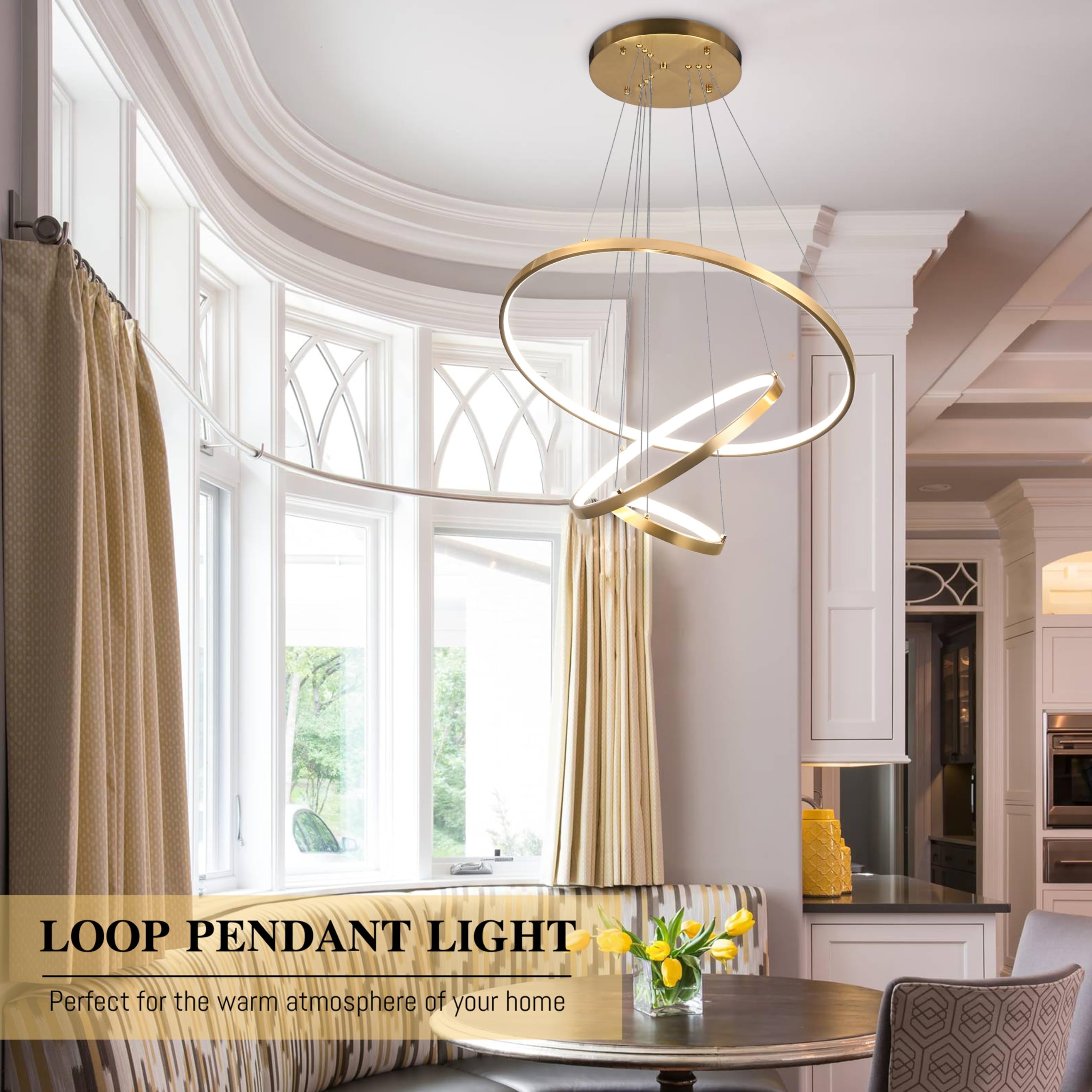 Modern LED Chandelier Contemporary Pendant Lighting Ring Light Fixture Gold with 4000K and 59in Height Adjustable Hanging Lamp for Kitchen Island Hallway Foyer Closet Corridor