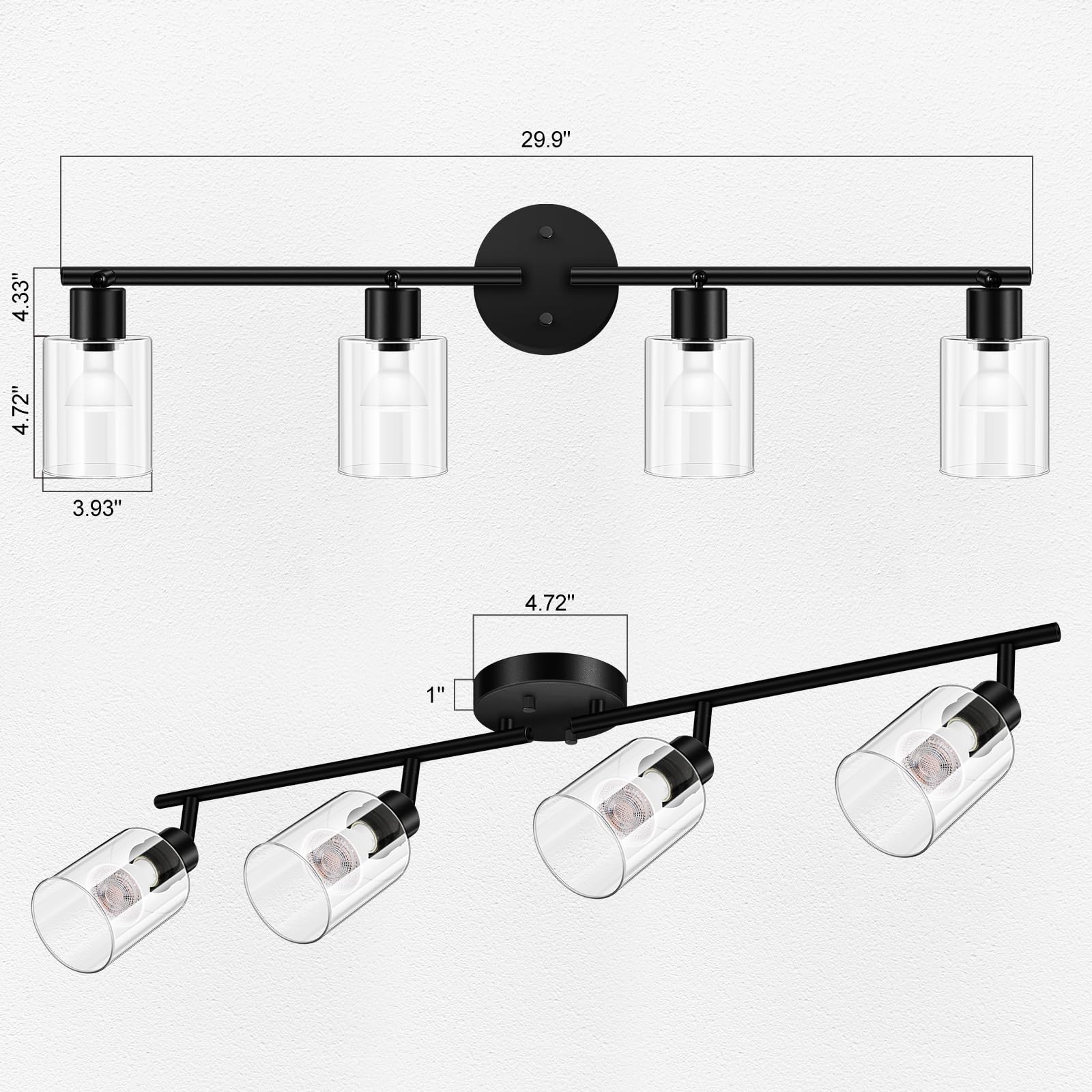 4 Light Led Track Light,Glass Lightshade Track Lighting Kits,4 Way Modern Ceiling Spot Lights for Kitchen,Dining Room,Bedroom,Hallway,Flexibly Rotatable Light Head,Black,Not GU10 Bulb