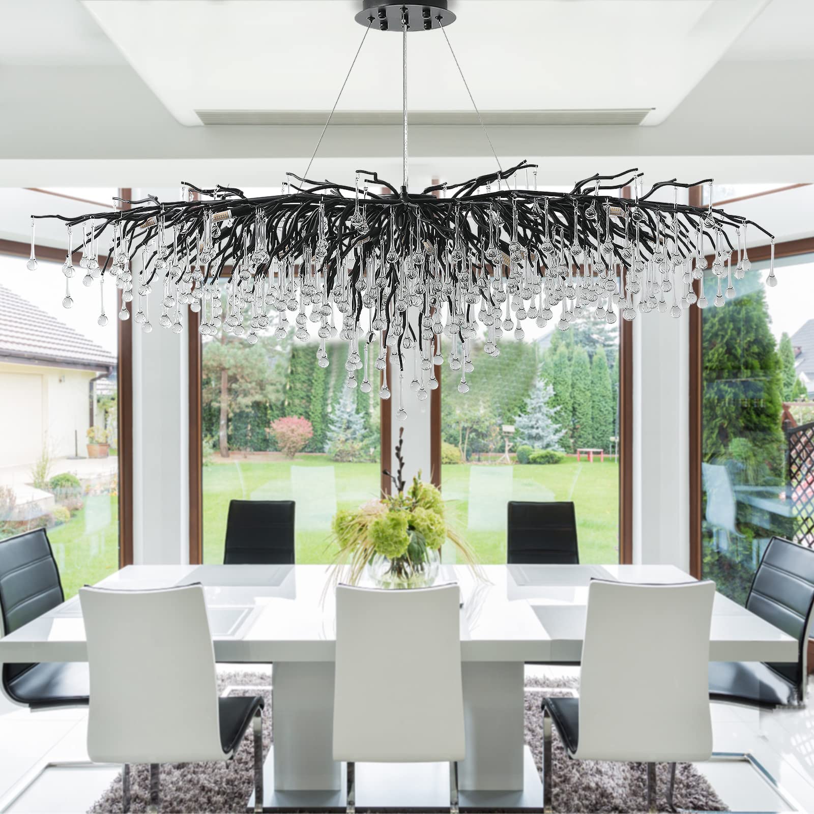 Black Crystal Chandelier, Modern Ceiling Pendant Flower Hanging Lighting Frosted Tree Branch Raindrop Chandelier Light Fixture for Dining Room, Living Room, Bedroom, Entryway (Dia 24" Round)