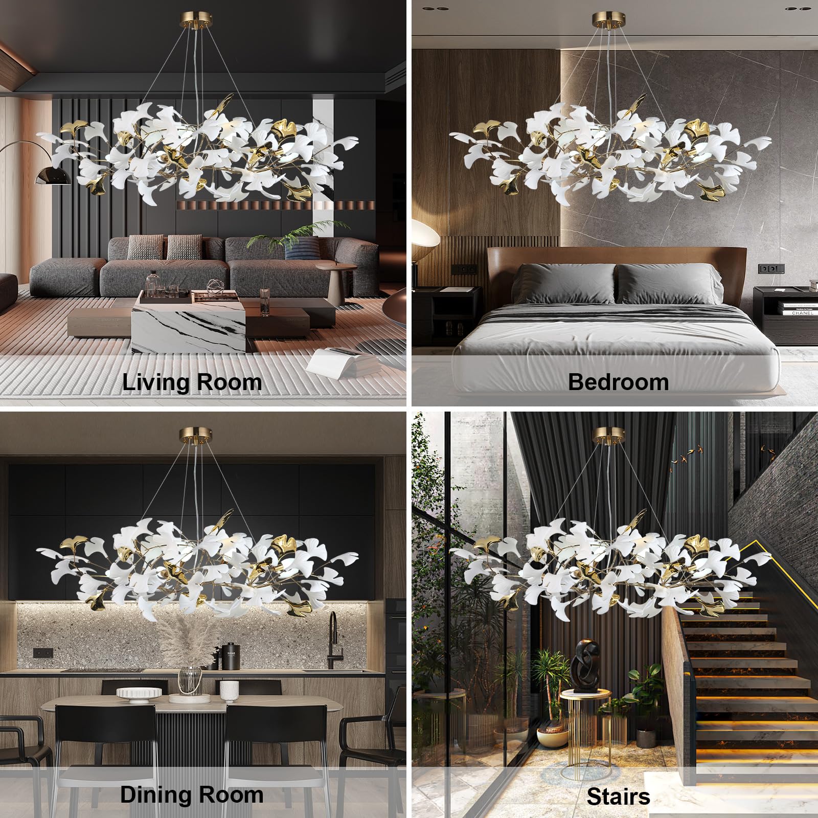 59 Inch White Rectangle Chandelier Ceramic Ginkgo Leaf Chandeliers Brass Large Chandeliers Modern Art Deco Chandelier for Dining Room Living Room,10-Light