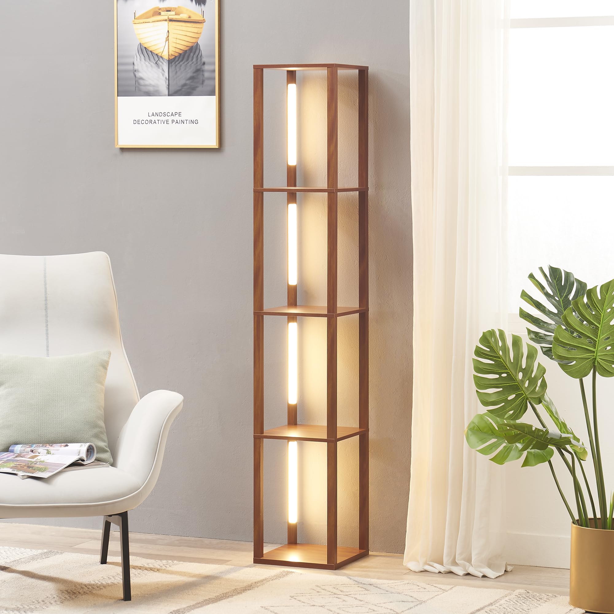 LED Display Shelf with Dimmable Lights, LED Shelf Floor Lamp for Living Room, Sturdy Corner Shelf Curio Cabinet Display, Tall Floor Lamp with Shelves