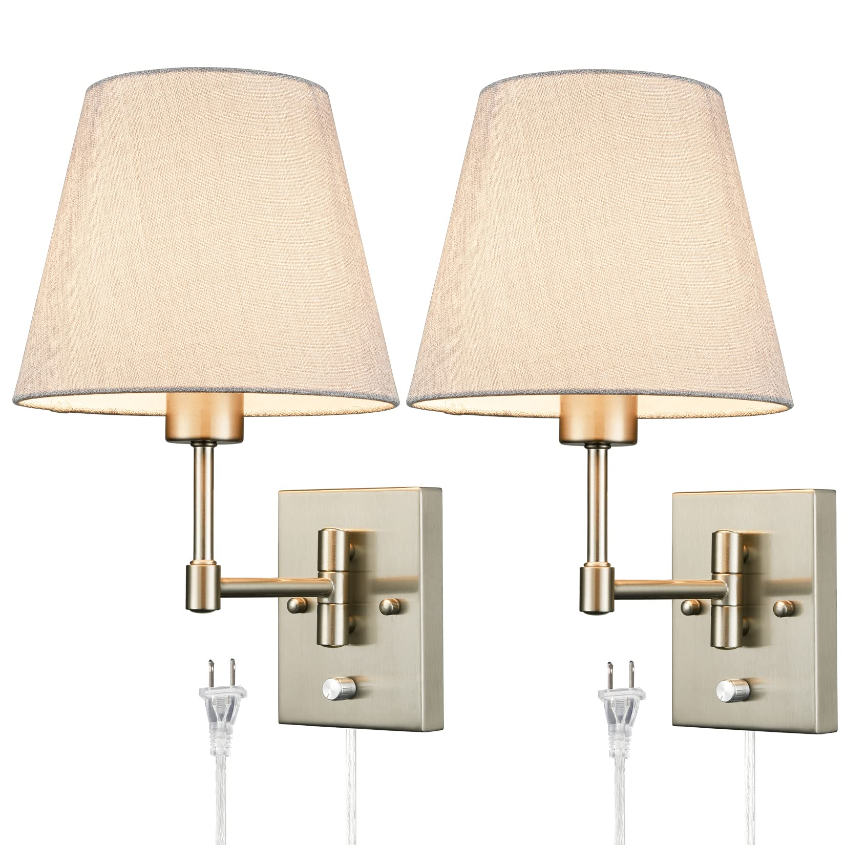 Gold Plug-in Wall Sconces Set of Two Beige Shade Brass Swing Arm Wall Lamp with Plug-in Cord Wall Mount Reading Light for Bedroom Living Room