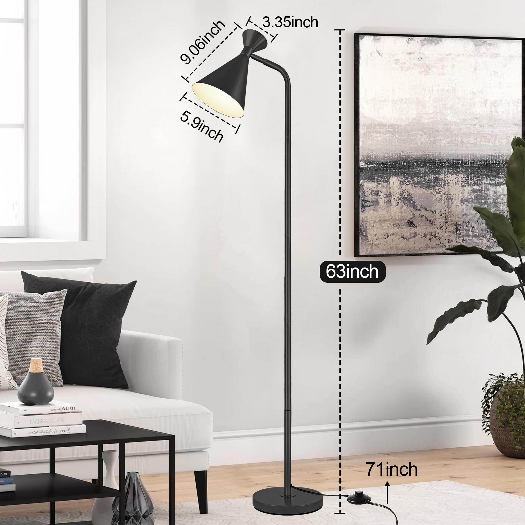 PARTPHONER Floor Lamp for Living Room, Modern Adjustable Metal Heads Standing Lamps, Simple Design Black Floor Lamp with Foot Switch for Bedroom, Office, Kids Room, Reading, Working(Bulb Not Included)