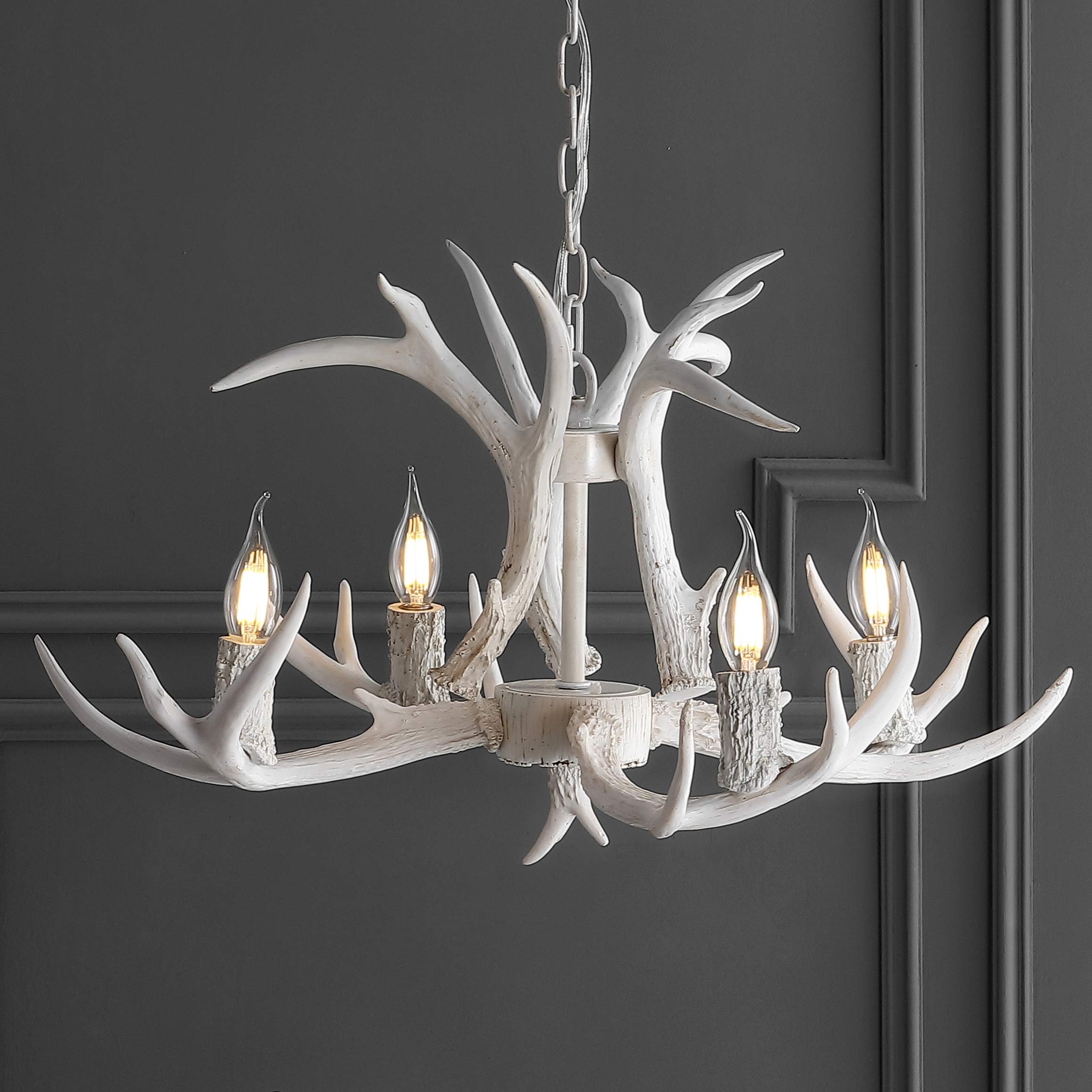 30" Adjustable Resin Antler 5-Light LED Chandelier, Glam, Rustic,Cottage,Transitional, Dimmable Dining Room, Living Room, Kitchen, Foyer, Bedroom, White