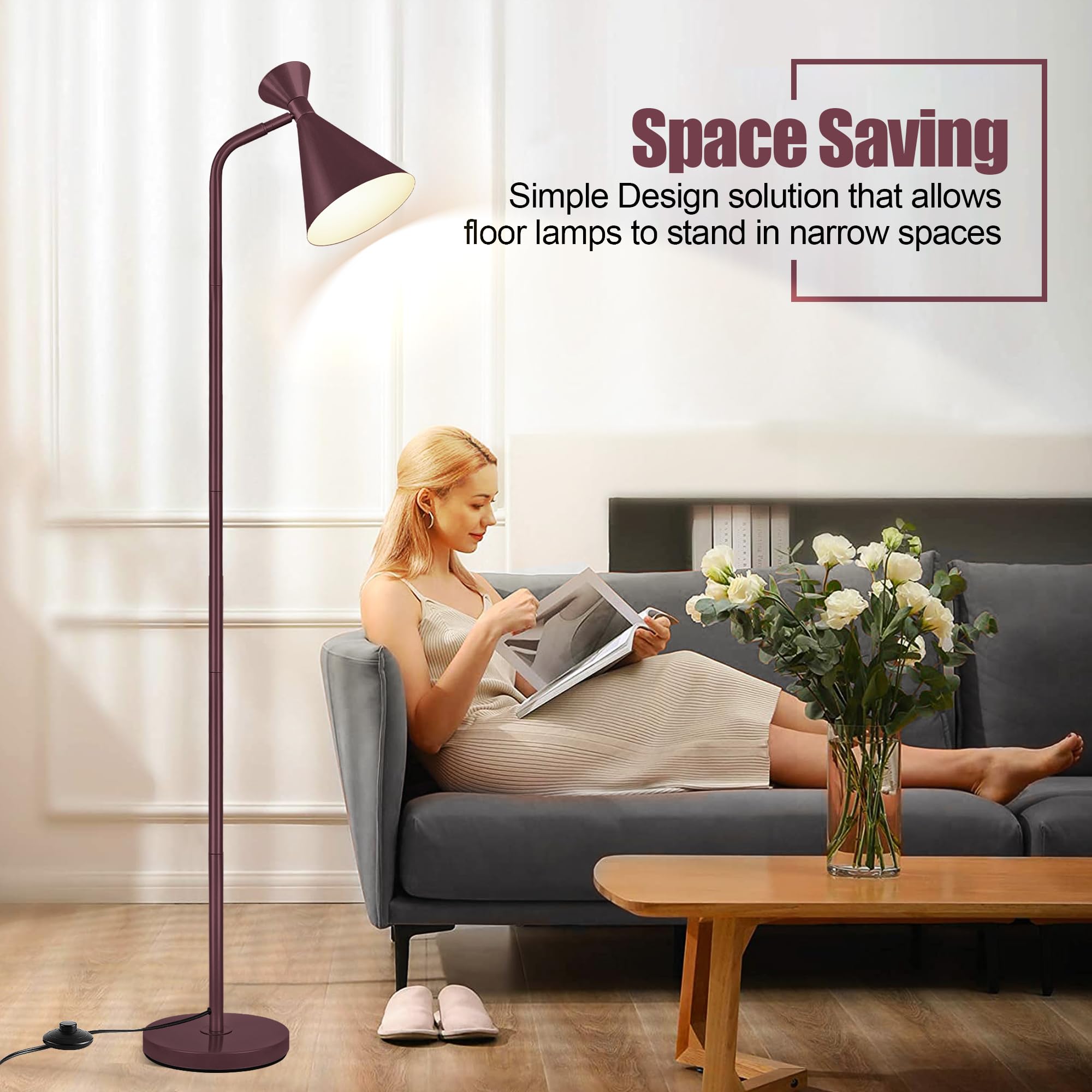 PARTPHONER Floor Lamp for Living Room, Modern Adjustable Metal Heads Standing Lamps, Simple Design Black Floor Lamp with Foot Switch for Bedroom, Office, Kids Room, Reading, Working(Bulb Not Included)