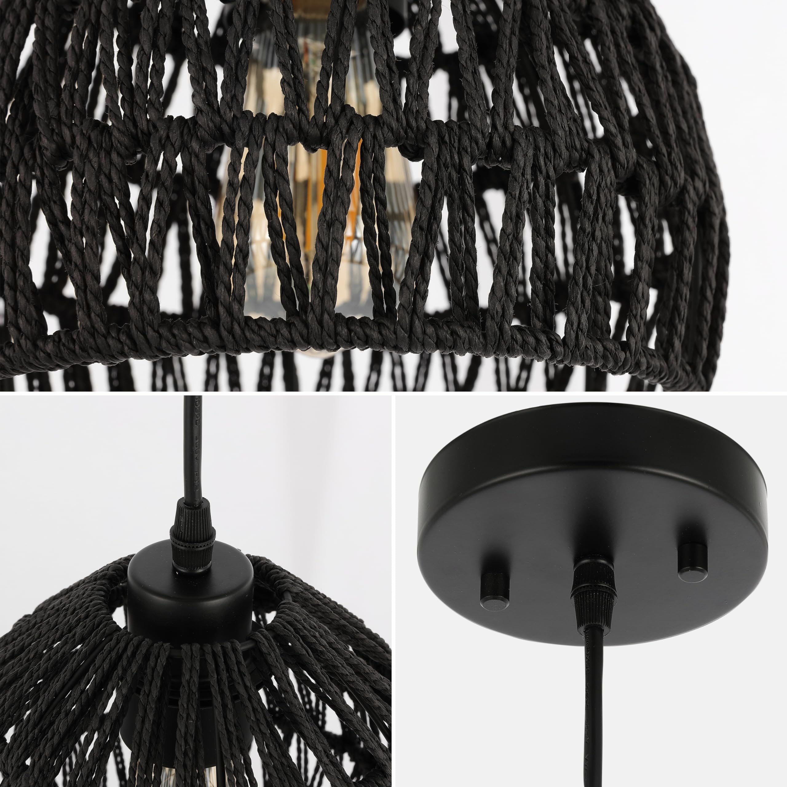 20" 1-Light Bohemian Modern Woven Rattan/Iron LED Pendant Farmhouse Coastal Adjustable Dining Room Living Room Kitchen Island Foyer Bedroom Hallway, Black