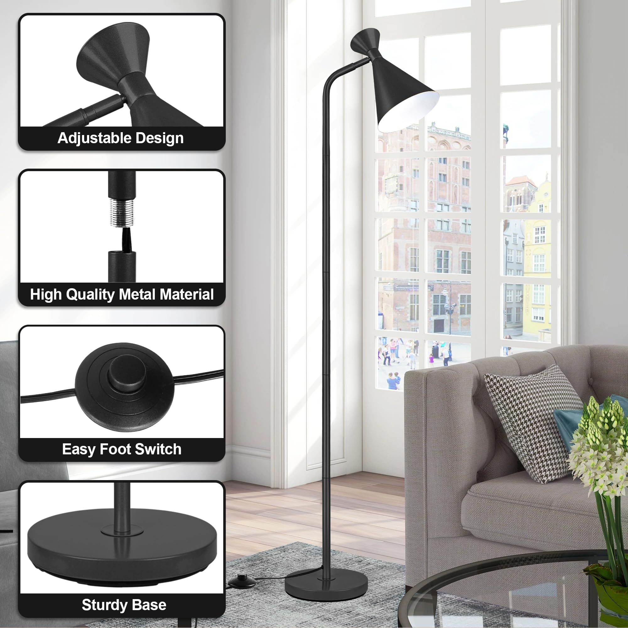 PARTPHONER Floor Lamp for Living Room, Modern Adjustable Metal Heads Standing Lamps, Simple Design Black Floor Lamp with Foot Switch for Bedroom, Office, Kids Room, Reading, Working(Bulb Not Included)