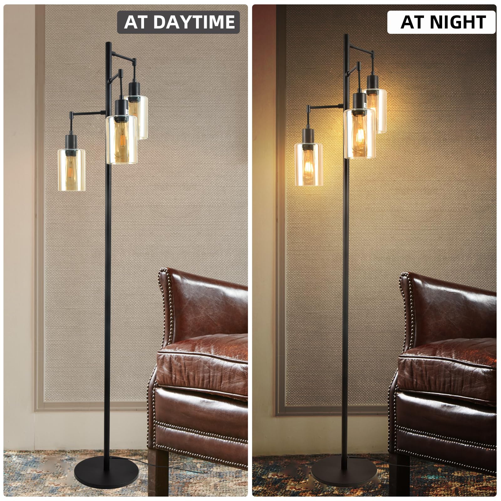 Farmhouse Floor Lamp for Living Room Bedroom, 3-Lights Floor Lamp with On/Off Foot Switch, Tall Pole Tree Standing Lamp Oil Rubbed Bronze with Amber Glass Shade, LED 3 Bulbs Included