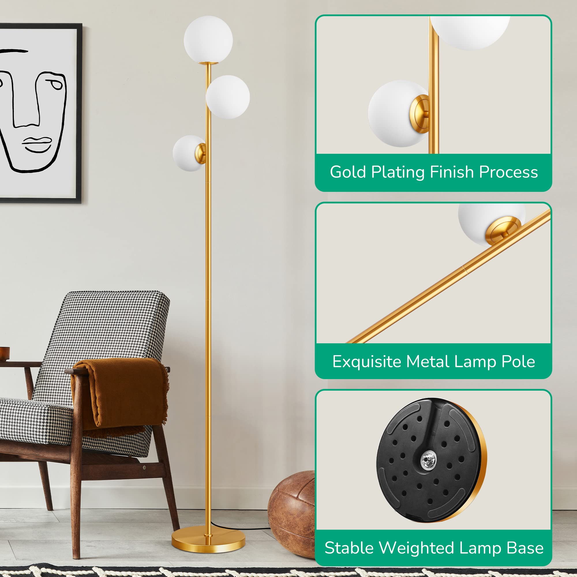 67.5in Mid Century Modern Globe Floor Lamp, Upgraded Dimmable Gold Standing Lamps for Living Room, Frosted Glass Shade, LED Tall Pole Lamp for Bedroom-Brass Plating