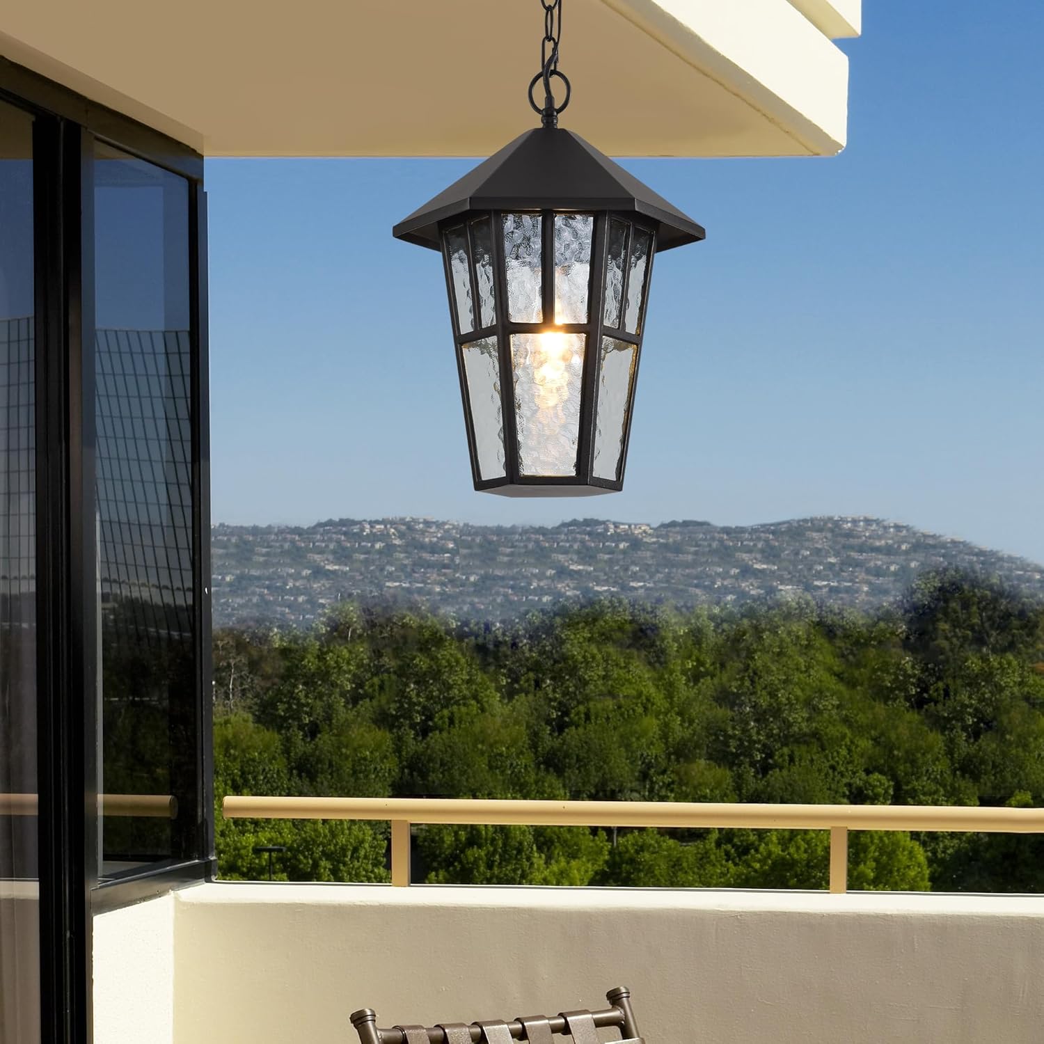 Outdoor Pendant Light, Black Large Outdoor Chandelier, Waterproof Exterior Hanging Lantern, Outside Hanging Porch Light with Water Glass for Patio Farmhouse Foyer