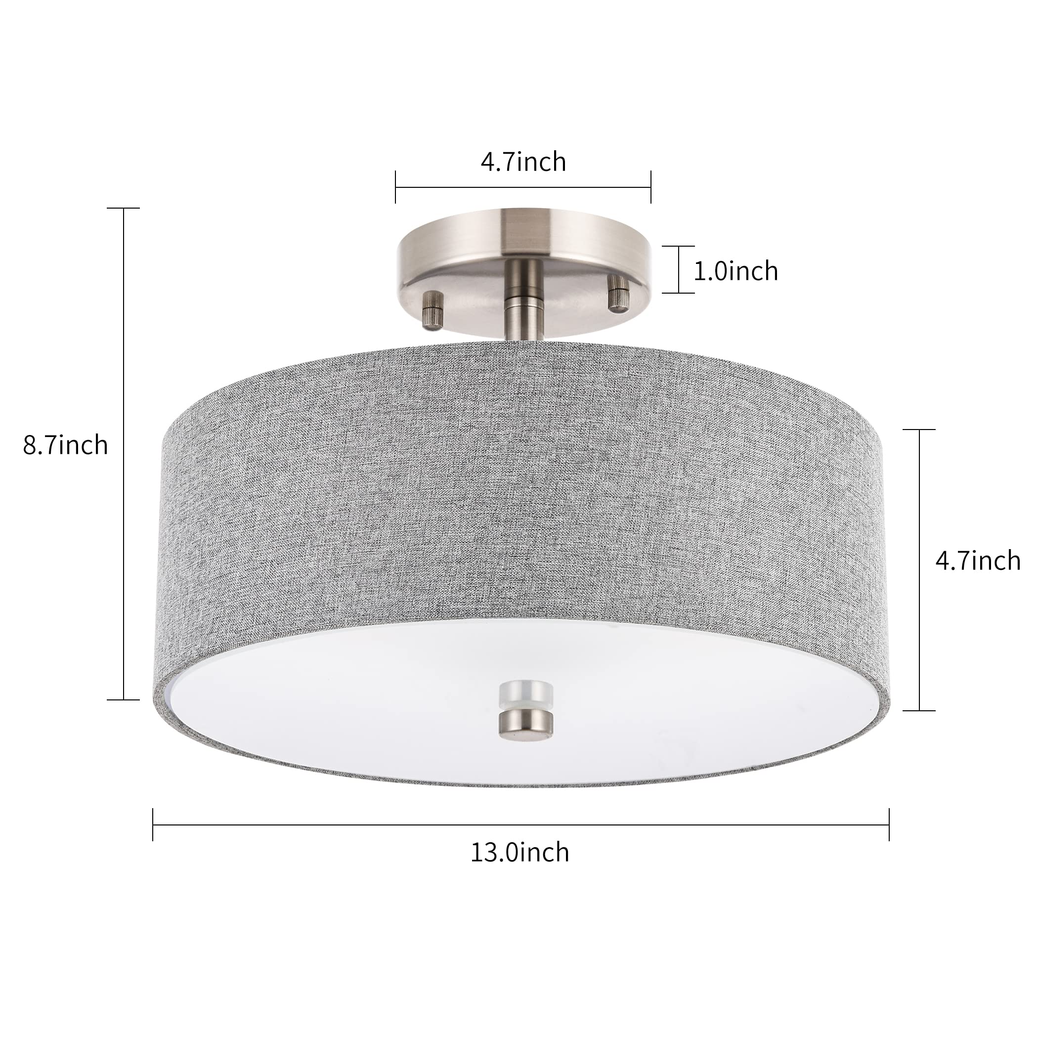 3-Light Semi Flush Mount Ceiling Light Fixture, 13" Black Drum Light, Modern Close to Ceiling Light with White Fabric Shade Lamps for Bedroom Living Dining Room Kitchen Hallway Entryway