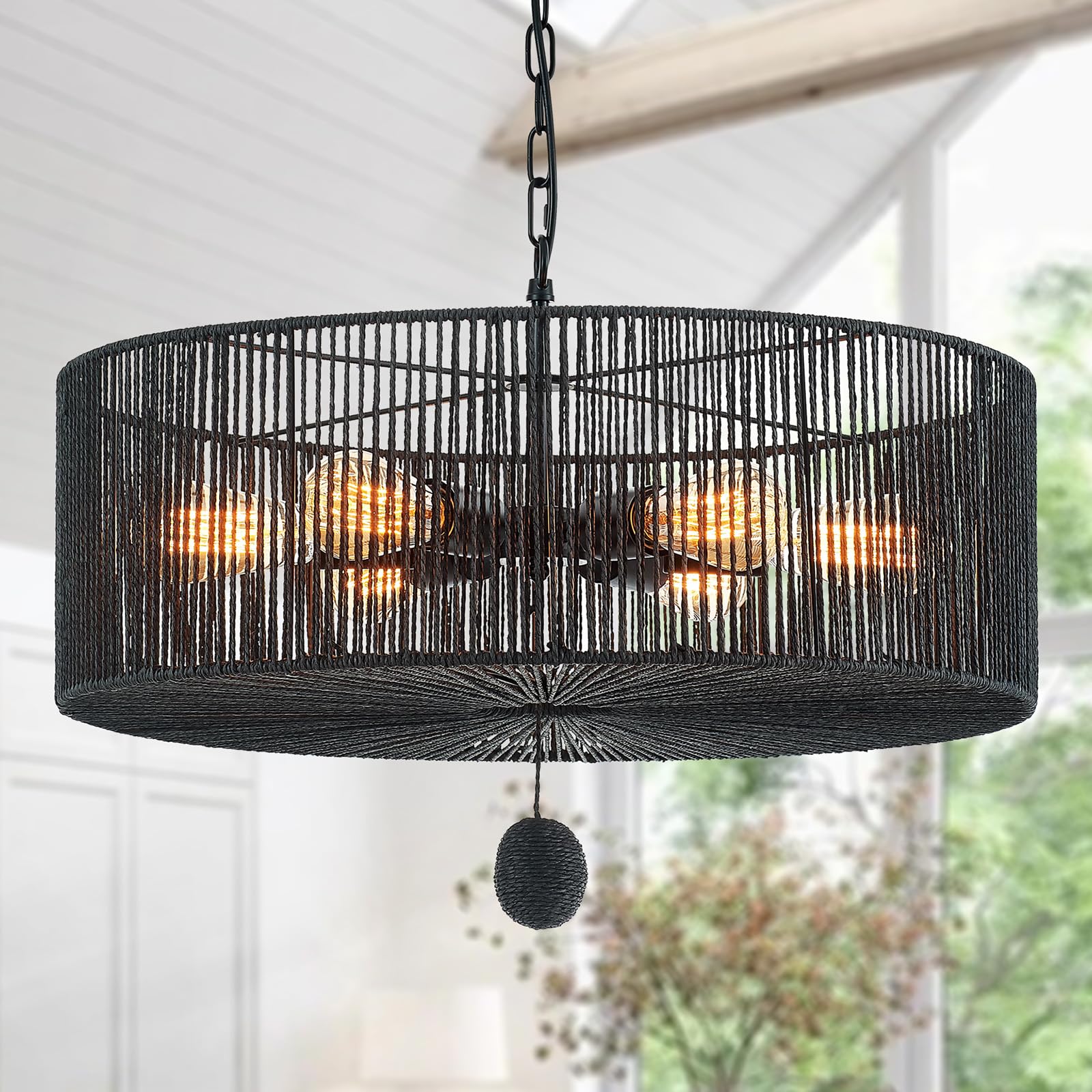 Hand-Woven Rattan Chandelier Vintage Farmhouse Boho Bamboo Chandelier Light Fixture Rustic Retro 5-Lights Drum Wicker Rattan Black Chandelier for Dining Room, Kitchen, Living Room, E12