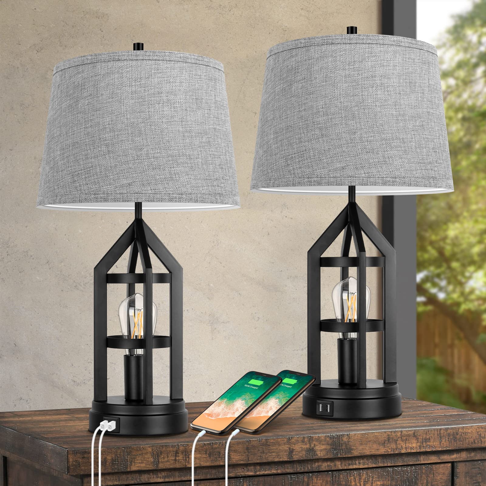 2-Light Farmhouse Rustic Touch Table Lamps Grey, 3-Way Dimmable Bedside Lamps with 2 USB Ports for Bedroom, End Table Lamps for Living Room with Gray Shades, 4 LED Bulbs Included, Set of 2