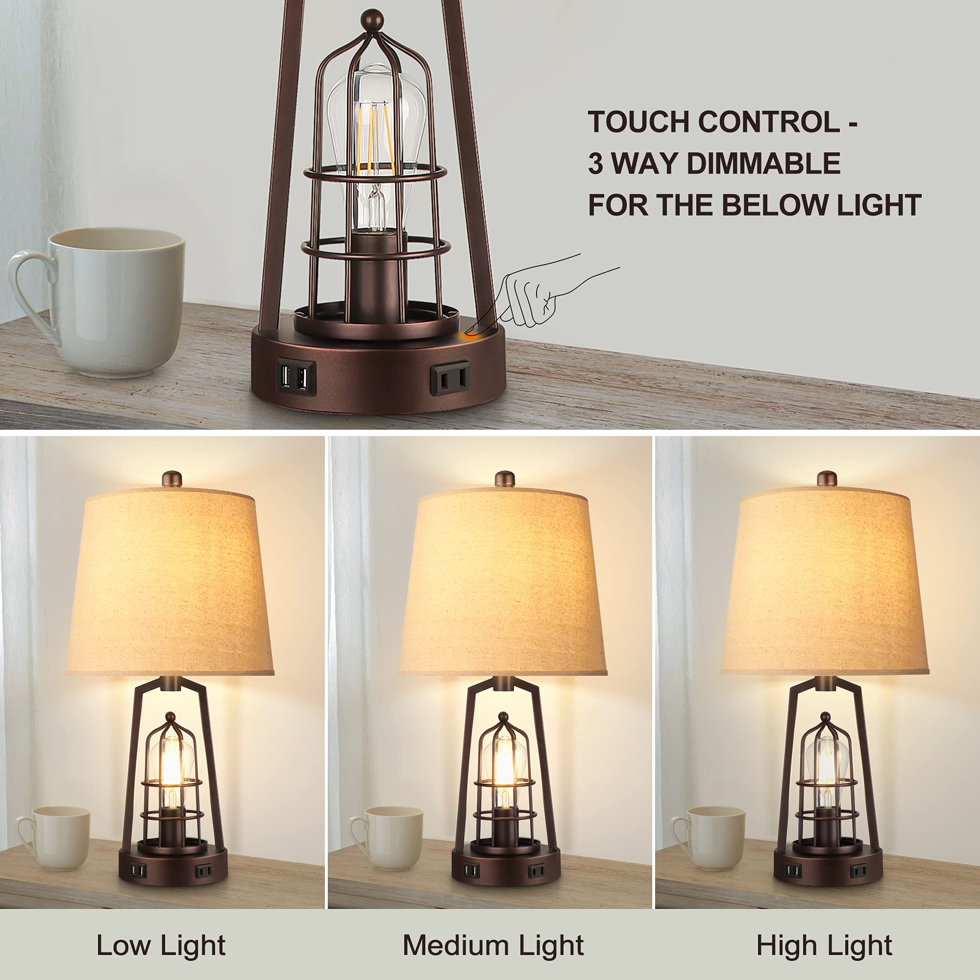 Farmhouse Bedside Lamp Touch Control, Dimmable Industrial Table Lamps for Bedrooms, Desk Lamp with USB Charging Port and Outlet, Rustic Bed Lamps for Living Room, Study Room, Office, Bulbs Included