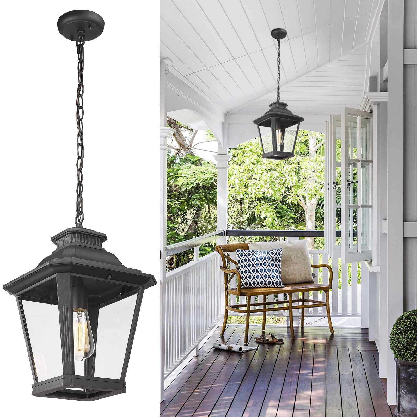 Outdoor Pendant Light for Porch, Exterior Hanging Lantern Outdoor Chandelier in Black Finish for Entryway, Doorway, Farmhouse, Foyer