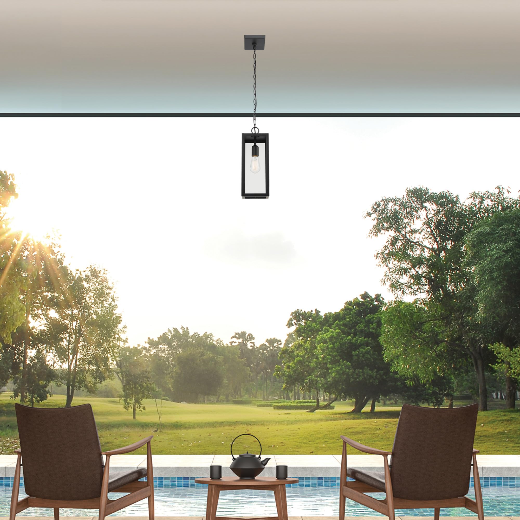 1-Light Outdoor Pendant, Matte Black, Clear Glass Shade, E26 Base Socket, Kitchen Island, Café, Ceiling Hanging Light Fixture, Modern, Vintage, Porch Light, Bulb Not Included