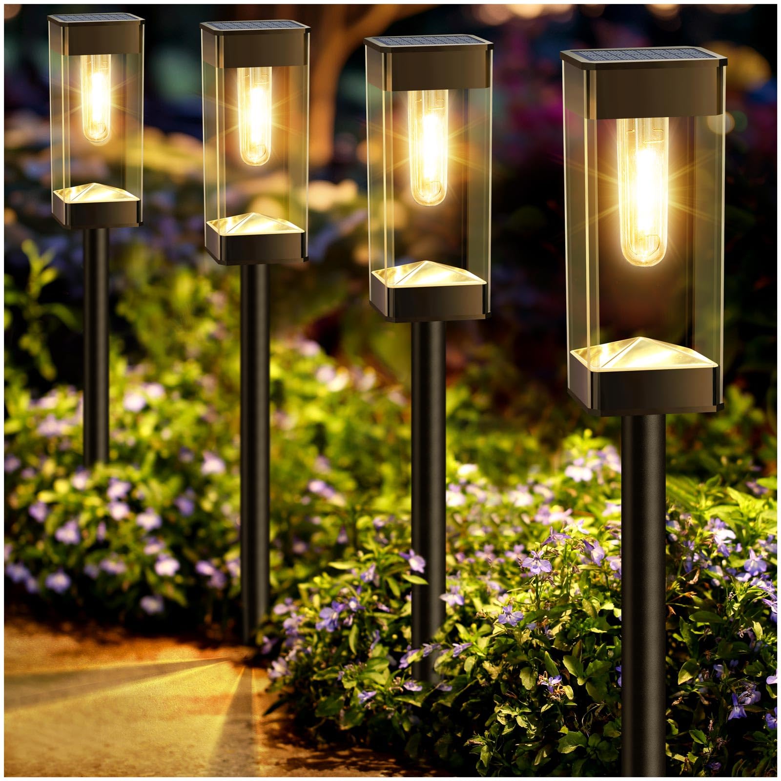 Solar Pathway Lights 8 Pack Solar Outdoor Lights, Upgraded Stainless Steel Garden Lights with LED Tungsten Filament Bulb, Waterproof Solar Power Driveway Lights for Landscape Walkway Yard Lawn