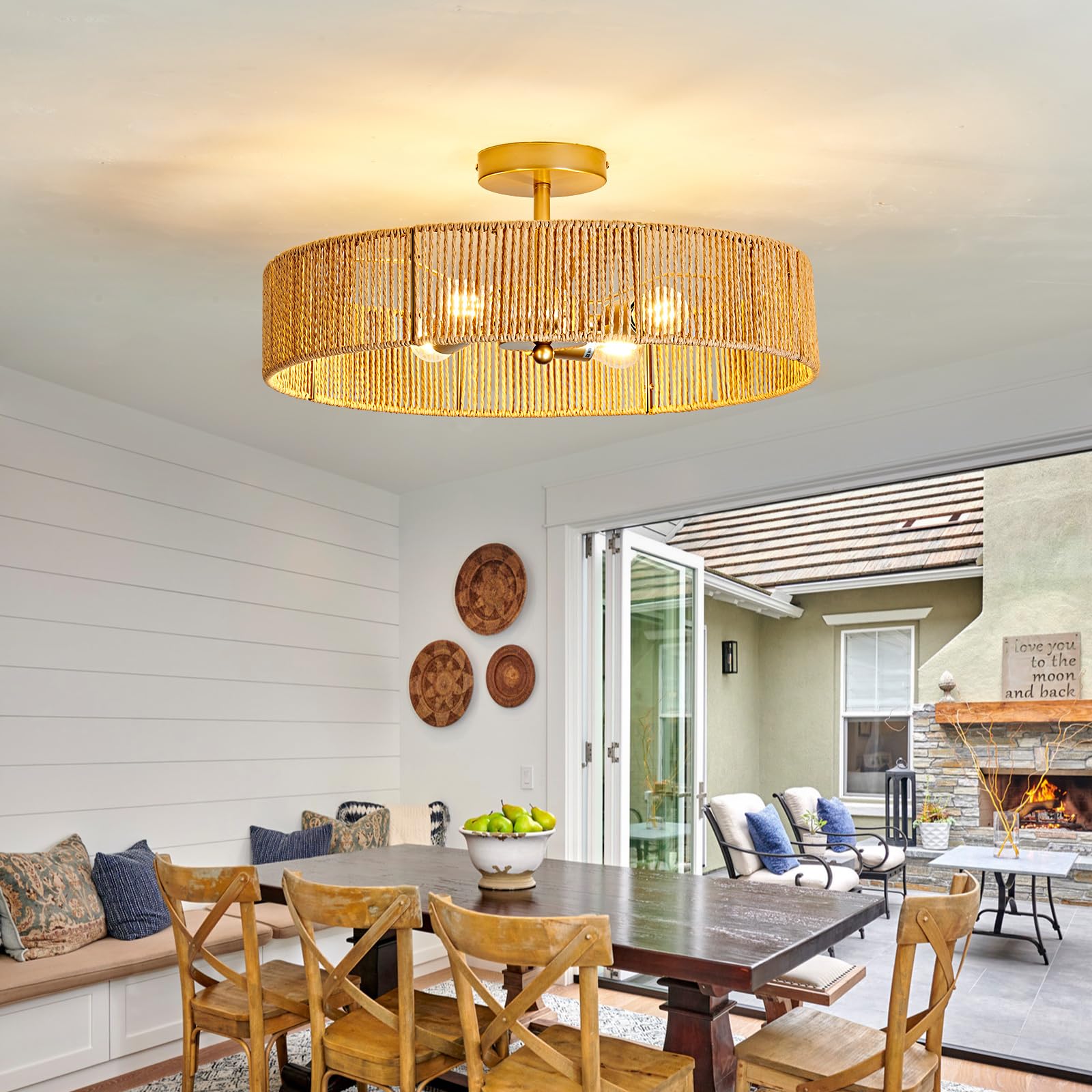 Boho Rattan Ceiling Light Fixture Vintage Gold Semi Flush Mount Ceiling Light 20 Inches Round 4 Light Chandelier for Farmhouse Hallway Bedroon Living Room Dining Room Kitchen Island