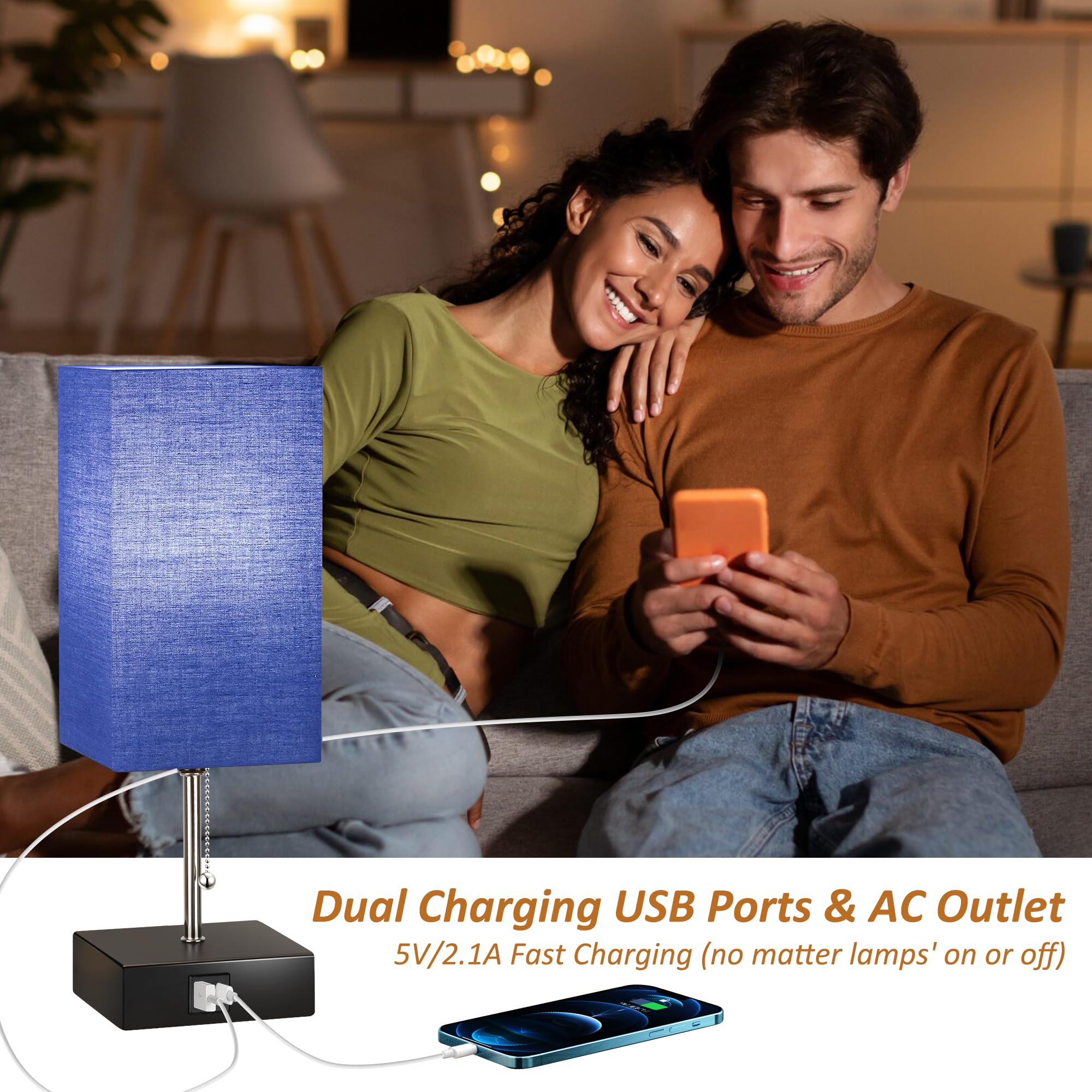 3 Color Temperature Bedside Lamp with USB C and USB A Ports Grey Table Lamps for Bedroom Nightstand Small Lamps Bed Lamp Desk Lamps by Pull Chain (Bulb Included)