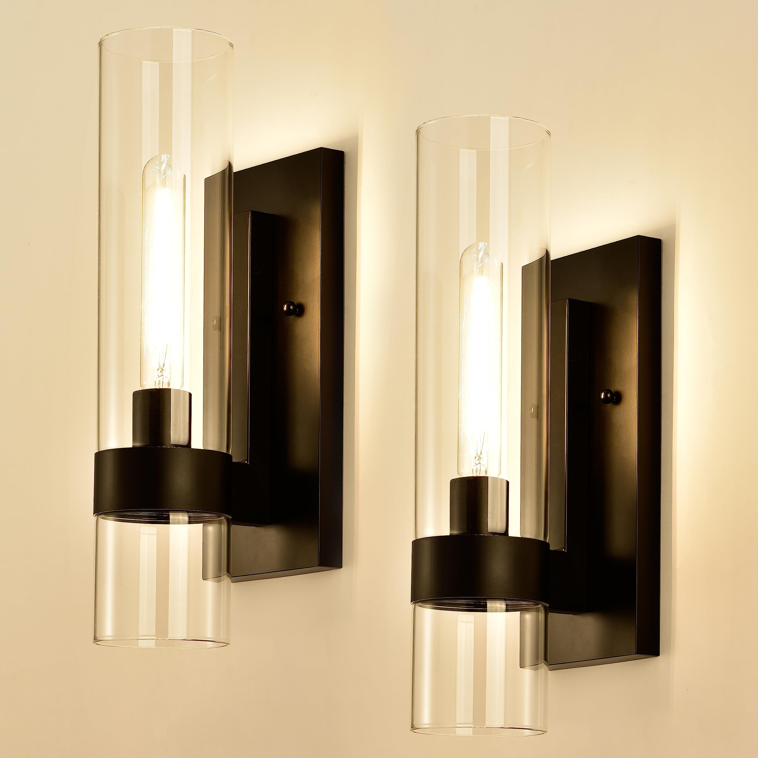 Black Indoor Wall Sconces Set of Two, Bathroom Vanity Light Fixtures Over Mirror, Glass Wall Lamps for Bedroom Side Vanity Lights for Bathroom Sink Hallway