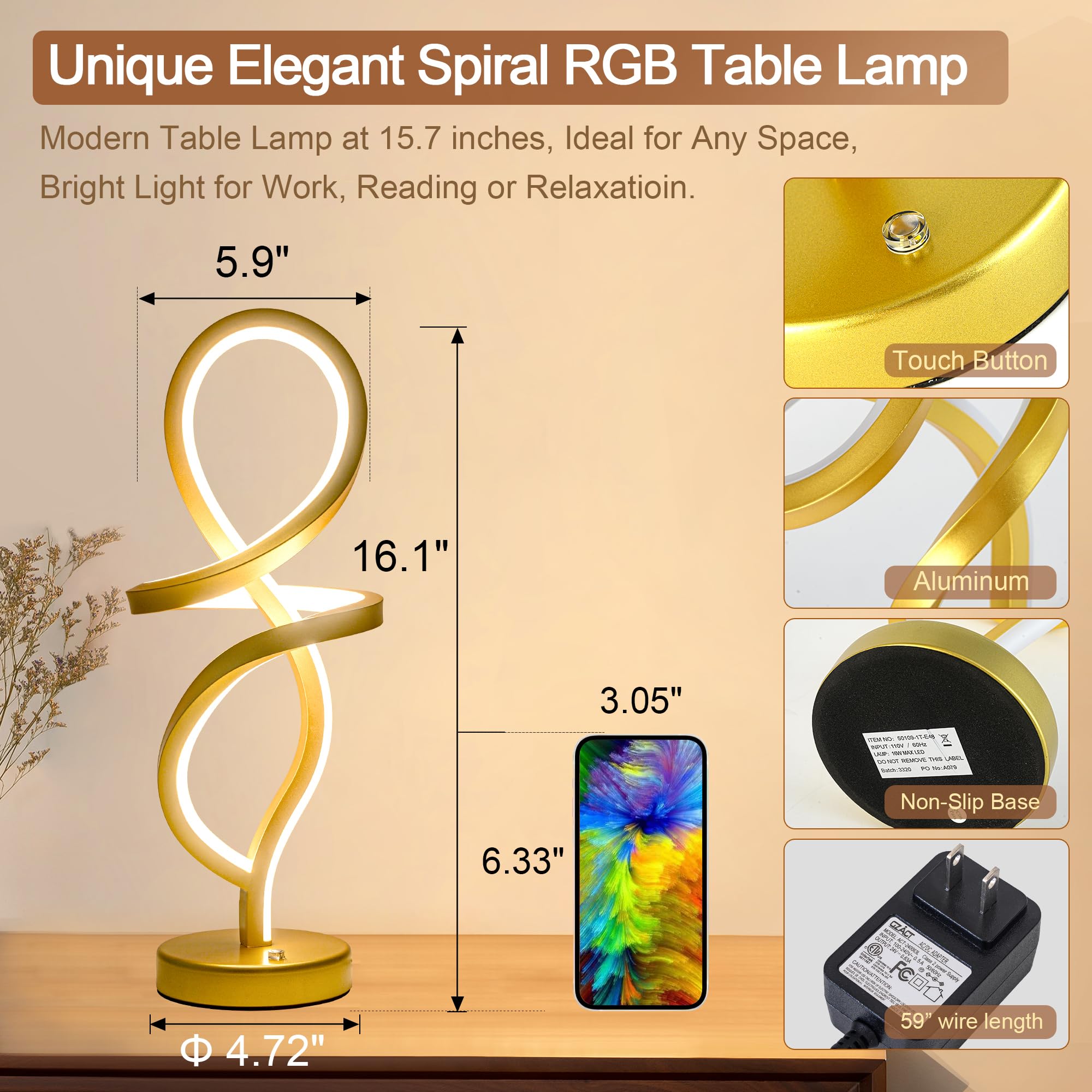 Modern Table Lamp, LED Spiral Lamp, Black Bedside Lamp with Stepless Dimming Switch, Contemporary Nightstand Lamp, LED Lamp for Bedroom Living Room Home Office, 12W, 3200K Warm White